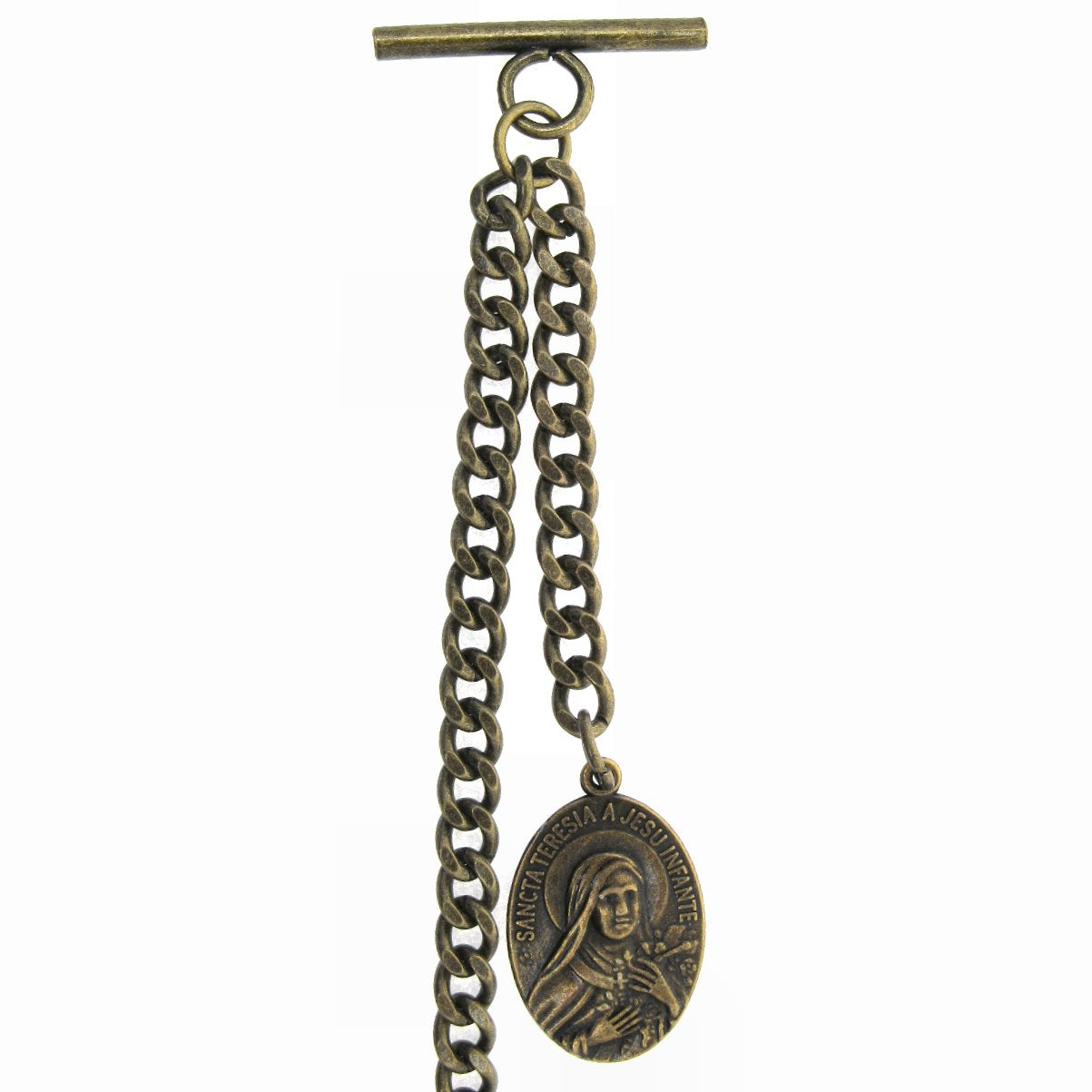 Albert Chain Antique Brass Color Pocket Watch Chain Vest Chain with Saint Theresa of Infant Jesus Religious Medal Fob T Bar Swivel Clasp AC159