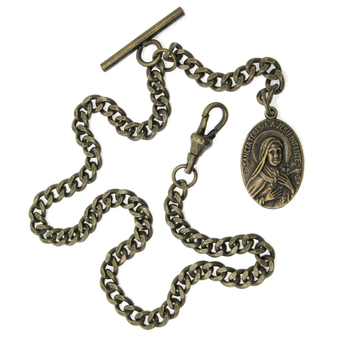 Albert Chain Antique Brass Color Pocket Watch Chain Vest Chain with Saint Theresa of Infant Jesus Religious Medal Fob T Bar Swivel Clasp AC159