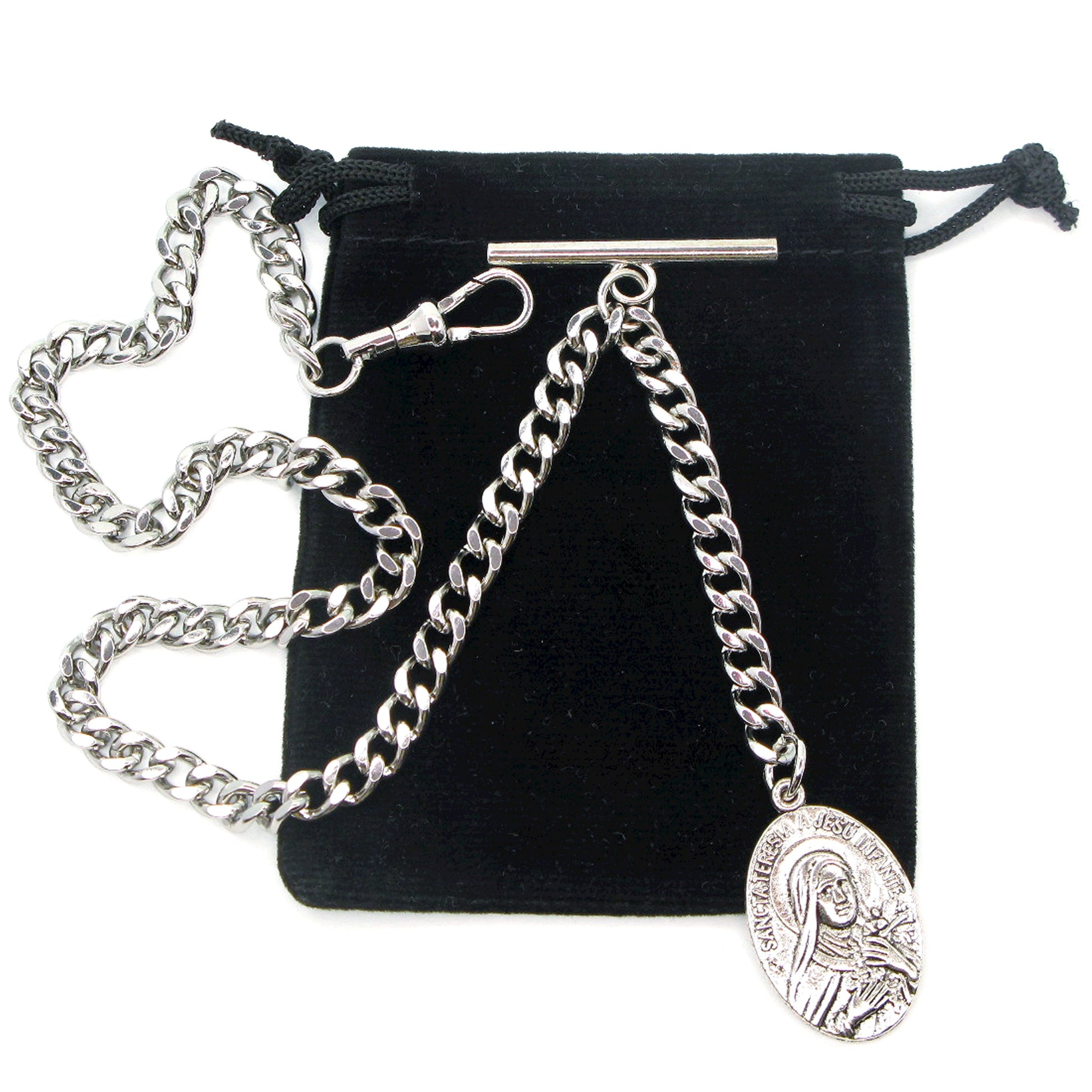Albert Chain Antique Silver Color with Saint Theresa of Infant Jesus Religious Medal Fob AC190