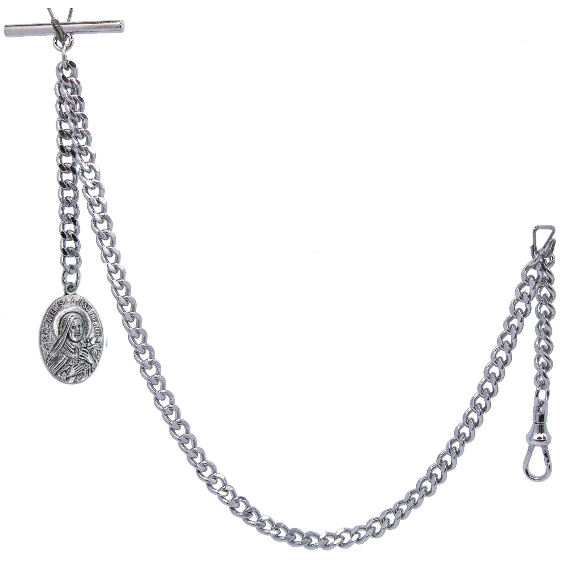 Albert Chain Antique Silver Color with Saint Theresa of Infant Jesus Religious Medal Fob AC190