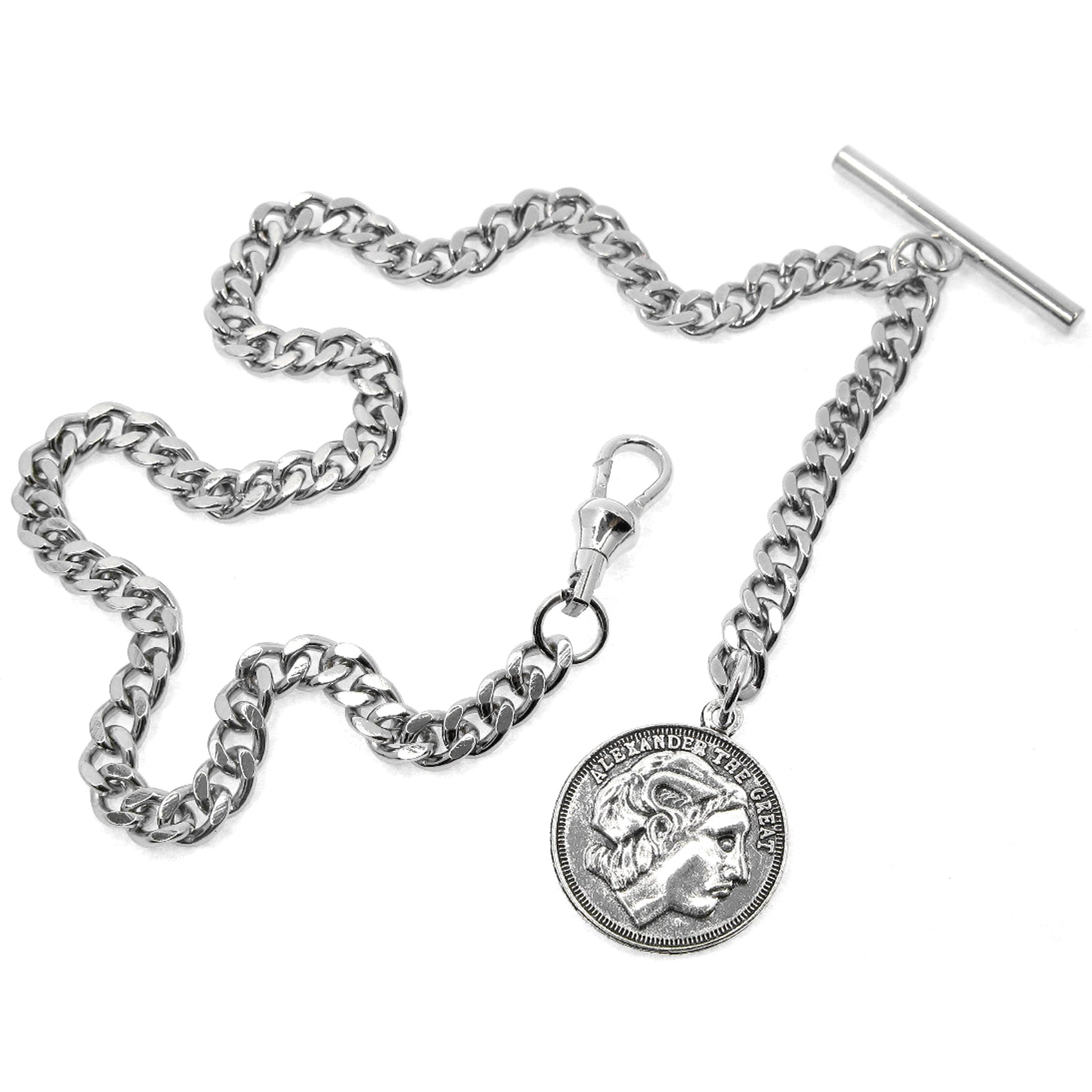 Albert Chain Silver Color with Alexander The Great Medal Fob AC192