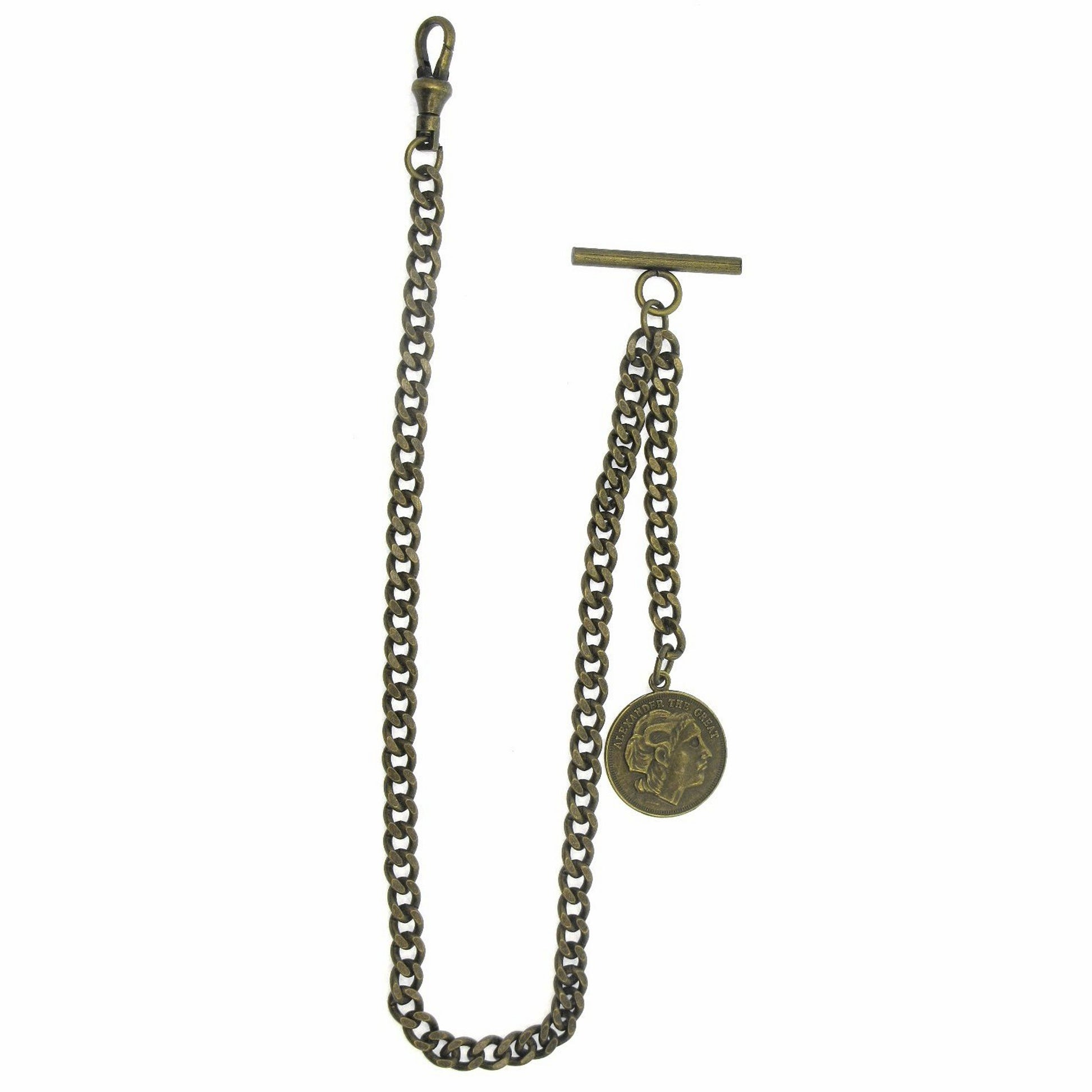 Albert Chain Bronze Color Pocket Watch Chain Fob Chain with Alexander The Great Medal Fob T Bar Swivel Clasp AC193