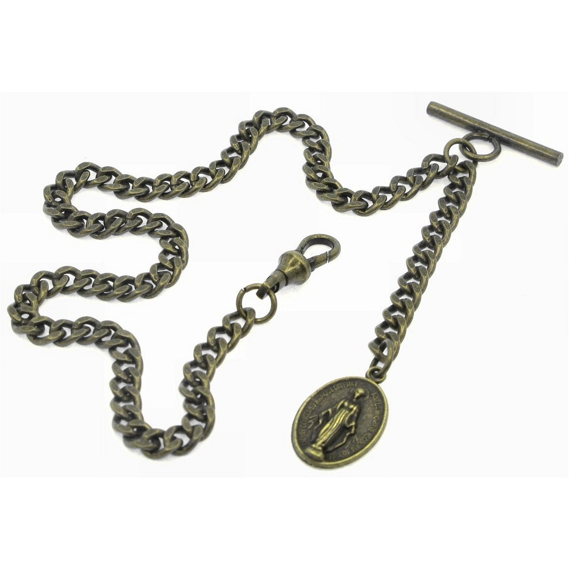 Albert Chain Bronze Color Pocket Watch Chain Fob Chain for Men with Saint Mary Medal Fob T Bar Swivel Clasp AC196