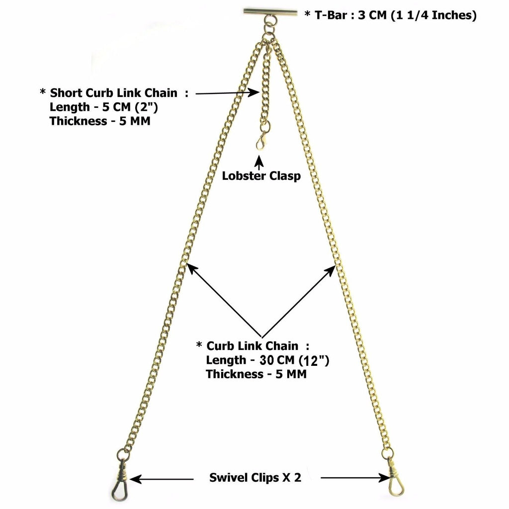 Double Albert Chain Gold Color with T Bar Swivel Clasps and Fob Drops AC01