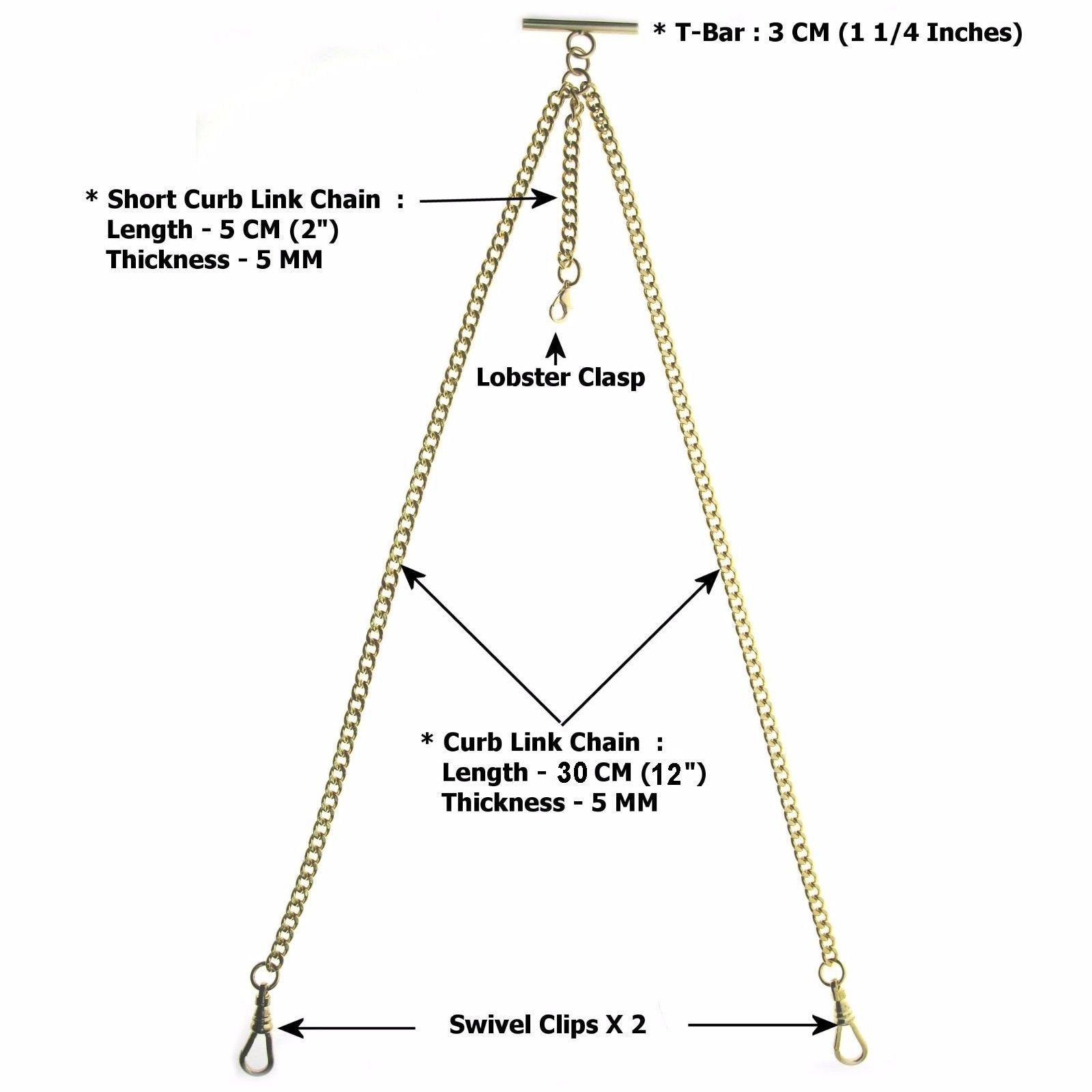 Double Albert Chain Gold Color with T Bar Swivel Clasps and Fob Drops AC01