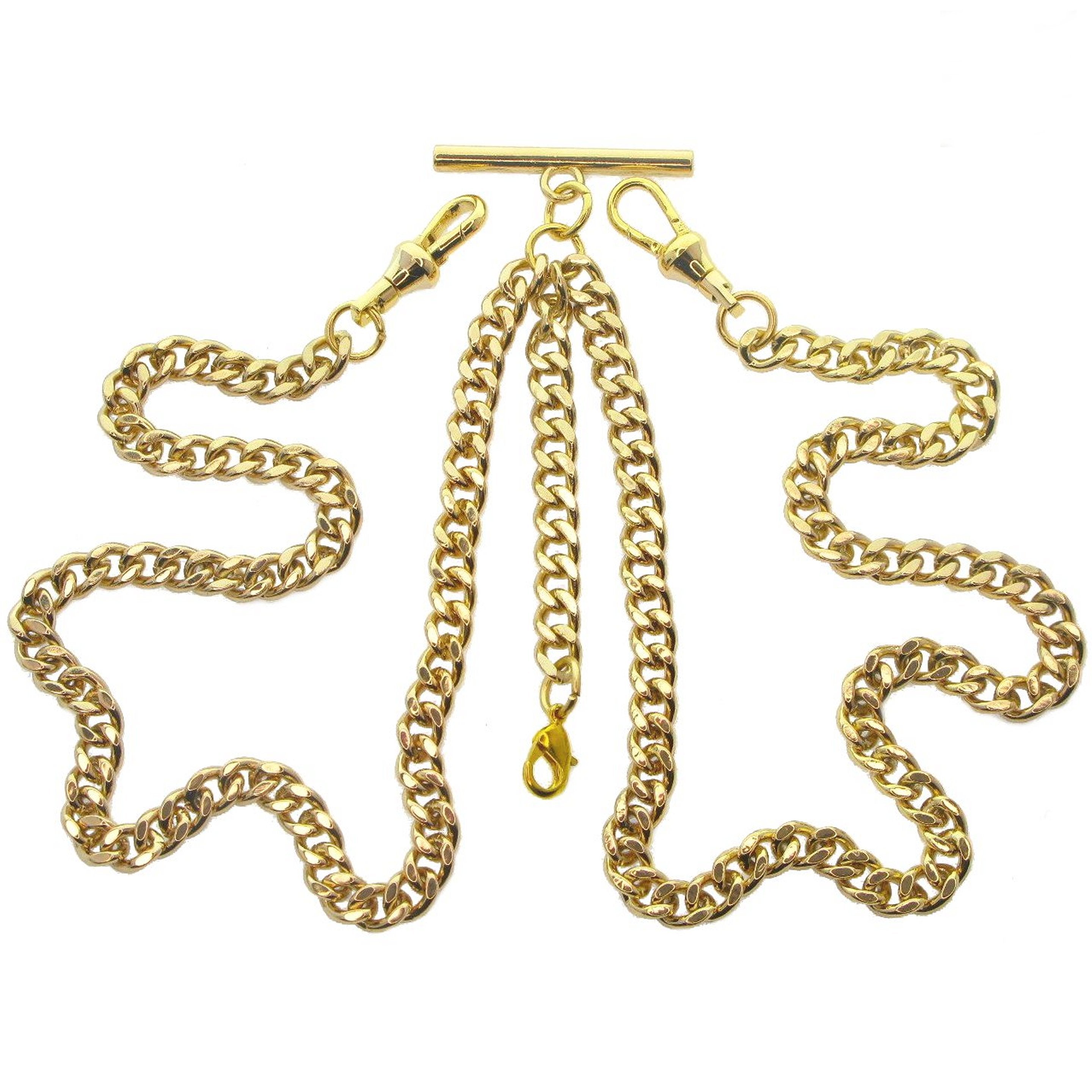 Double Albert Chain Gold Color with T Bar Swivel Clasps and Fob Drops AC01