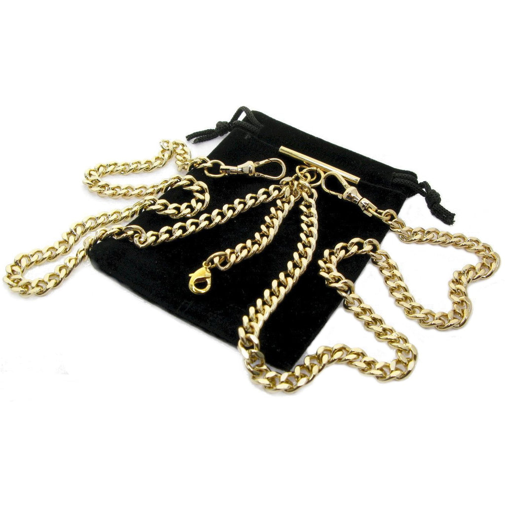 Double Albert Chain Gold Color with T Bar Swivel Clasps and Fob Drops AC01