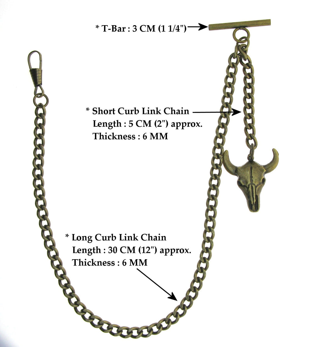 Bronze Color Albert Chain with Cow Skull Design Fob AC02