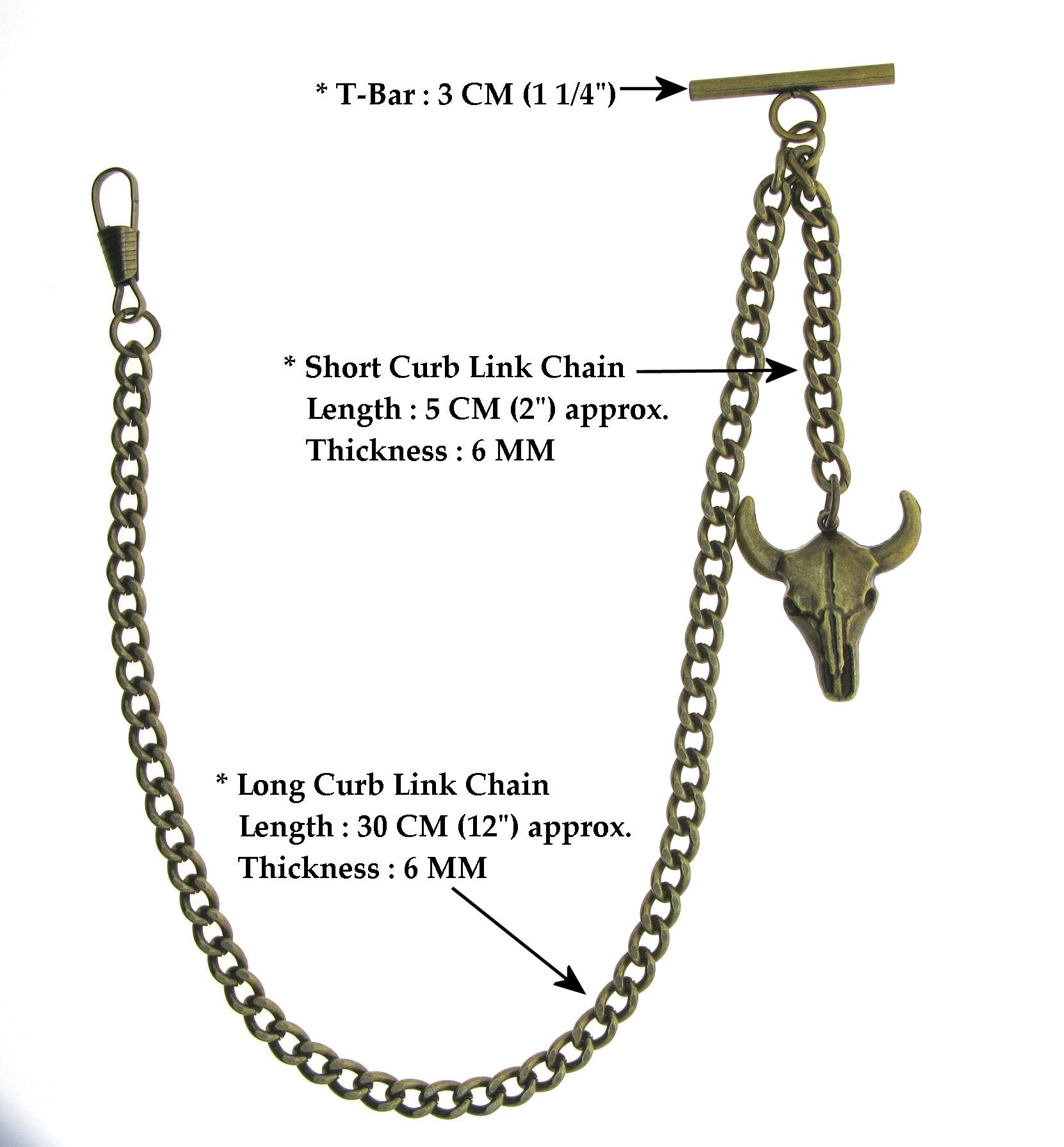 Bronze Color Albert Chain with Cow Skull Design Fob AC02
