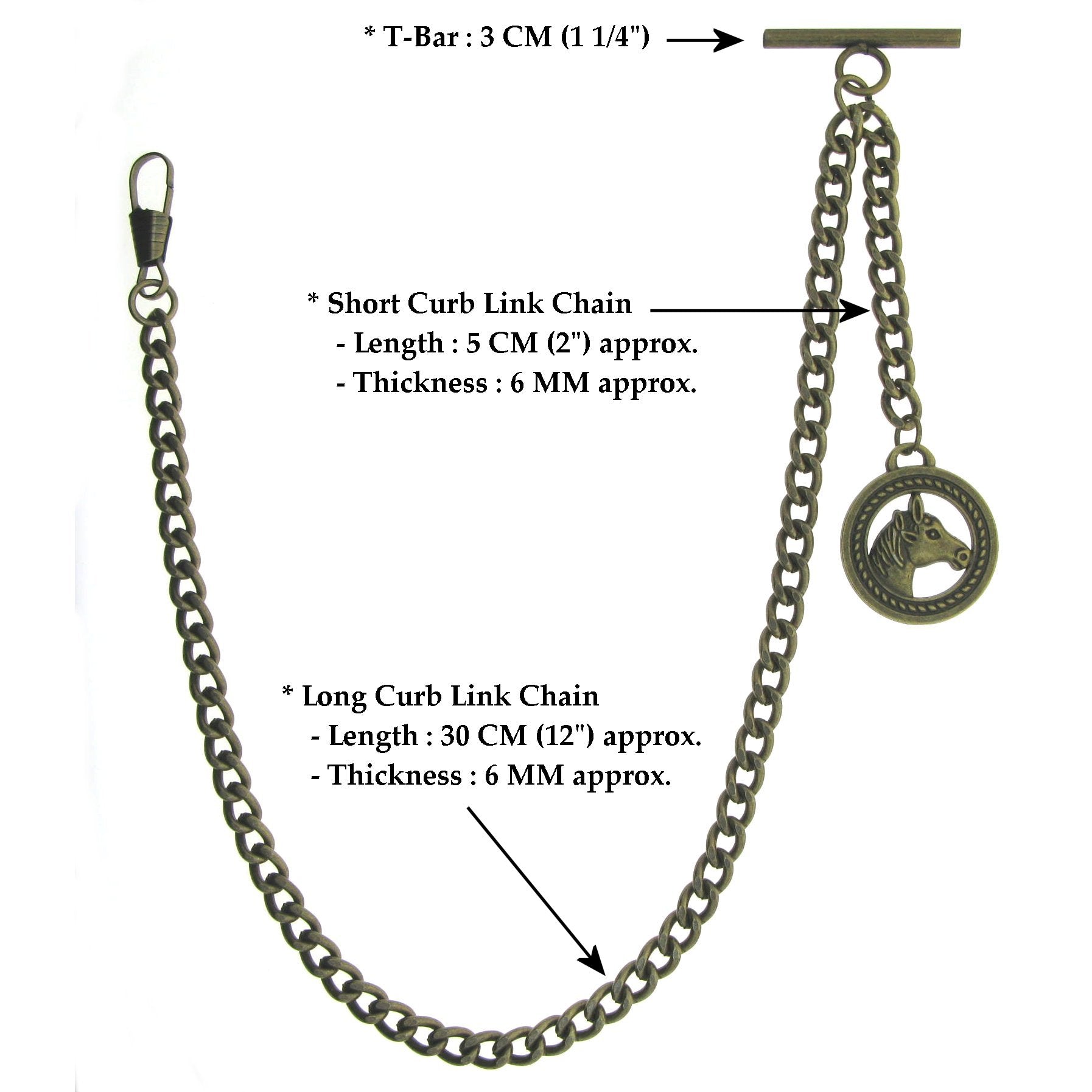 Albert Chain Pocket Watch Chains for Men Antique Brass Plating with Horse Design Fob T Bar AC03