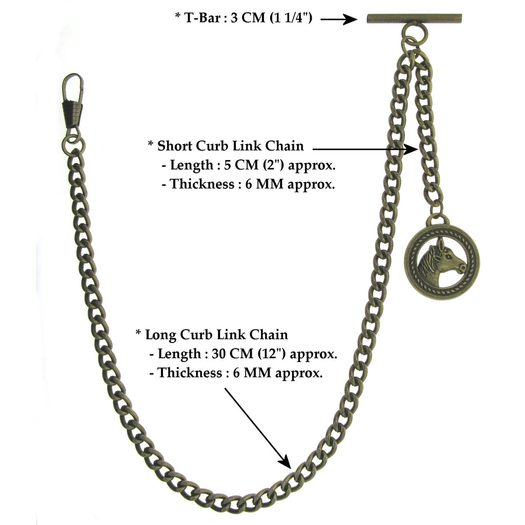 Antique Bronze Albert Pocket Watch Chain with Horse Fob