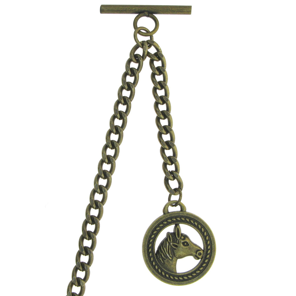 Albert Chain Pocket Watch Chains for Men Antique Brass Plating with Horse Design Fob T Bar AC03