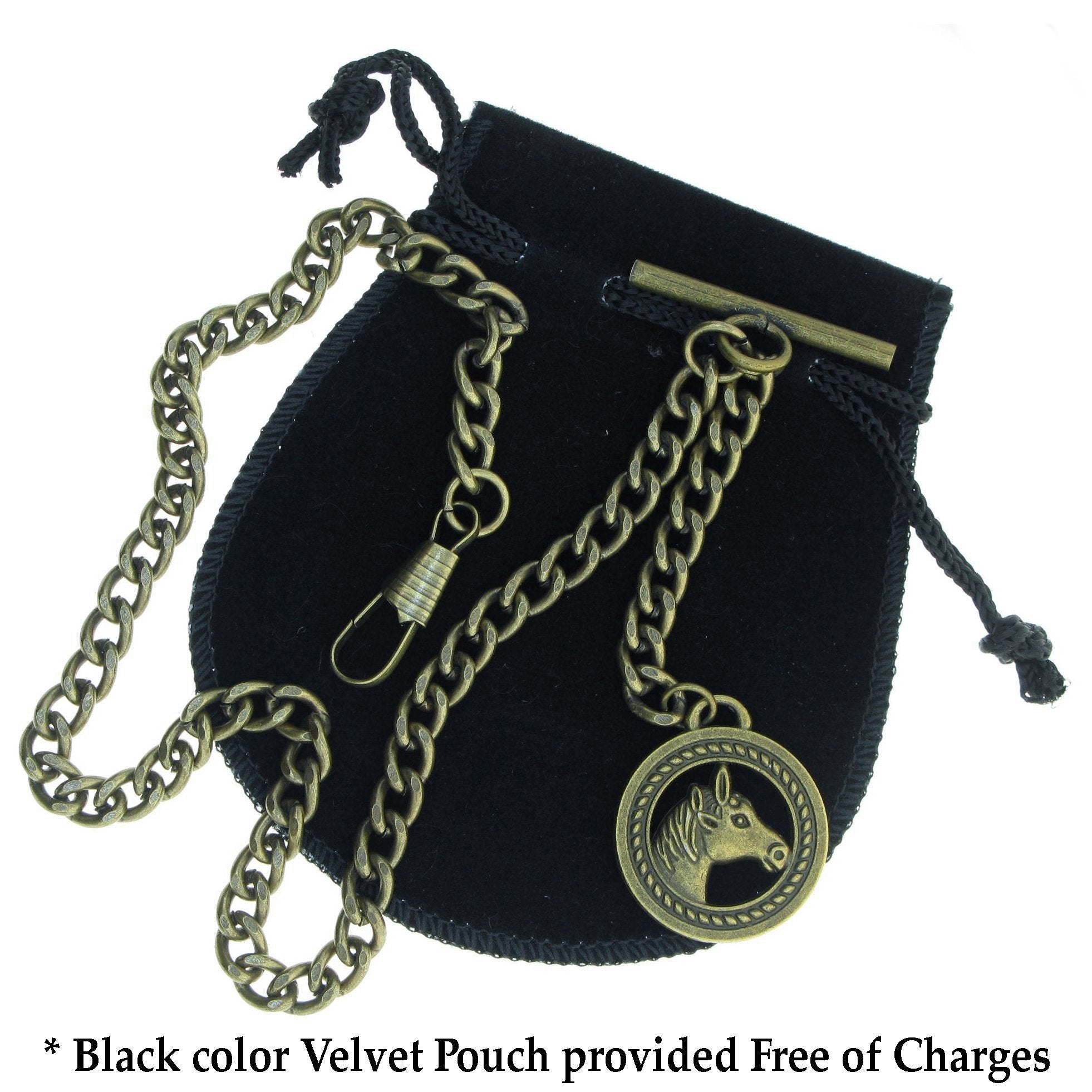 Albert Chain Pocket Watch Chains for Men Antique Brass Plating with Horse Design Fob T Bar AC03