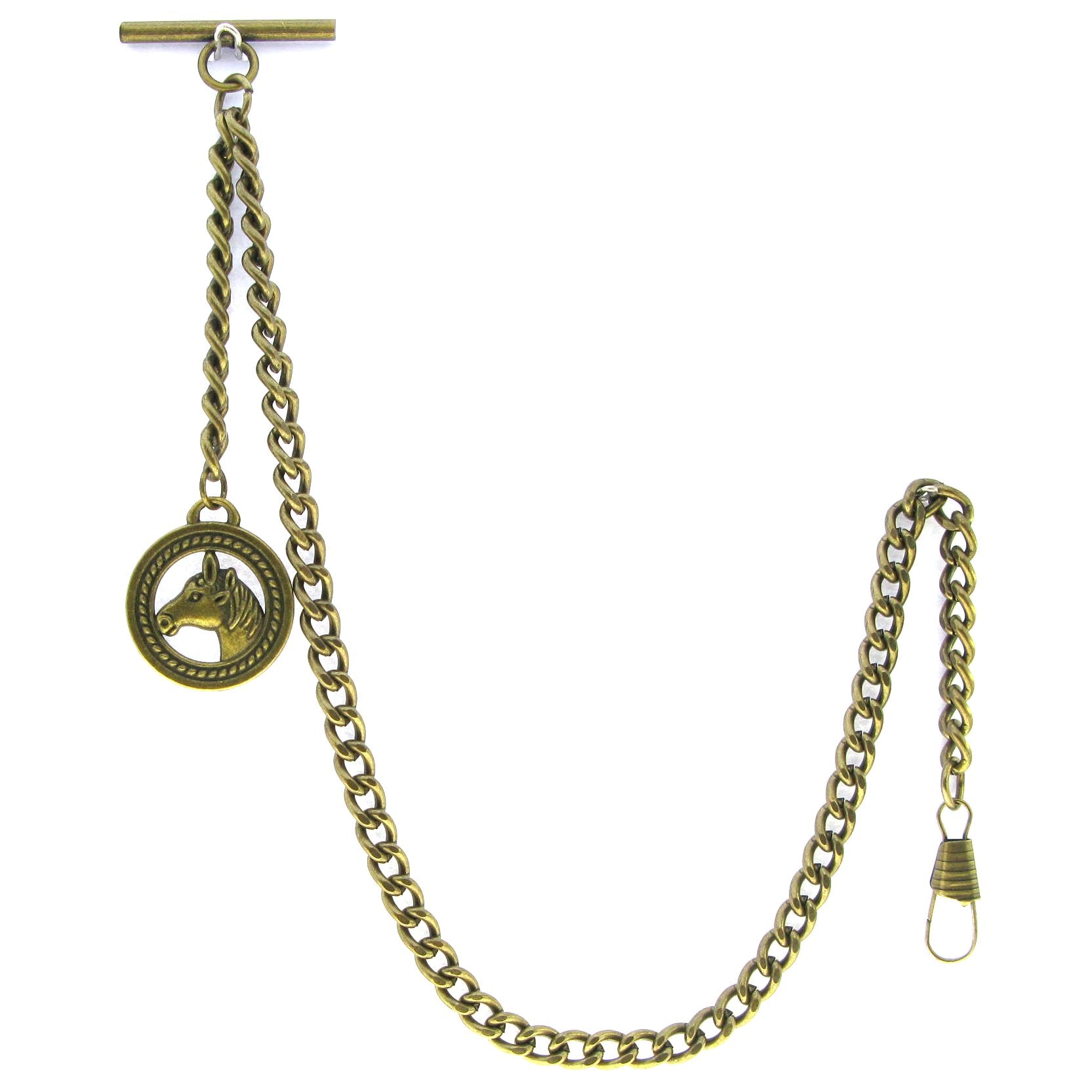 Albert Chain Pocket Watch Chains for Men Antique Brass Plating with Horse Design Fob T Bar AC03
