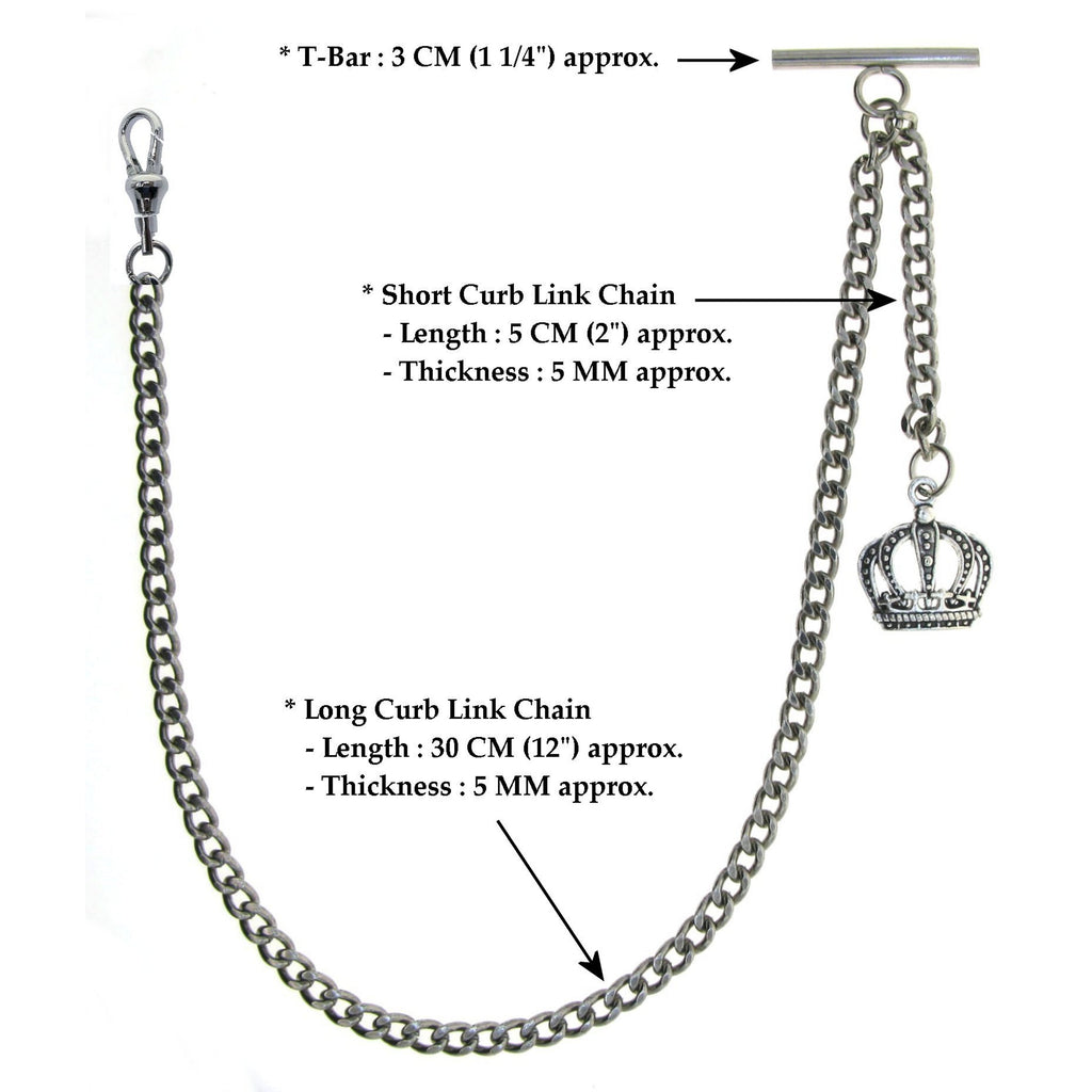 Silver Color Albert Chain with Crown Design Fob AC04
