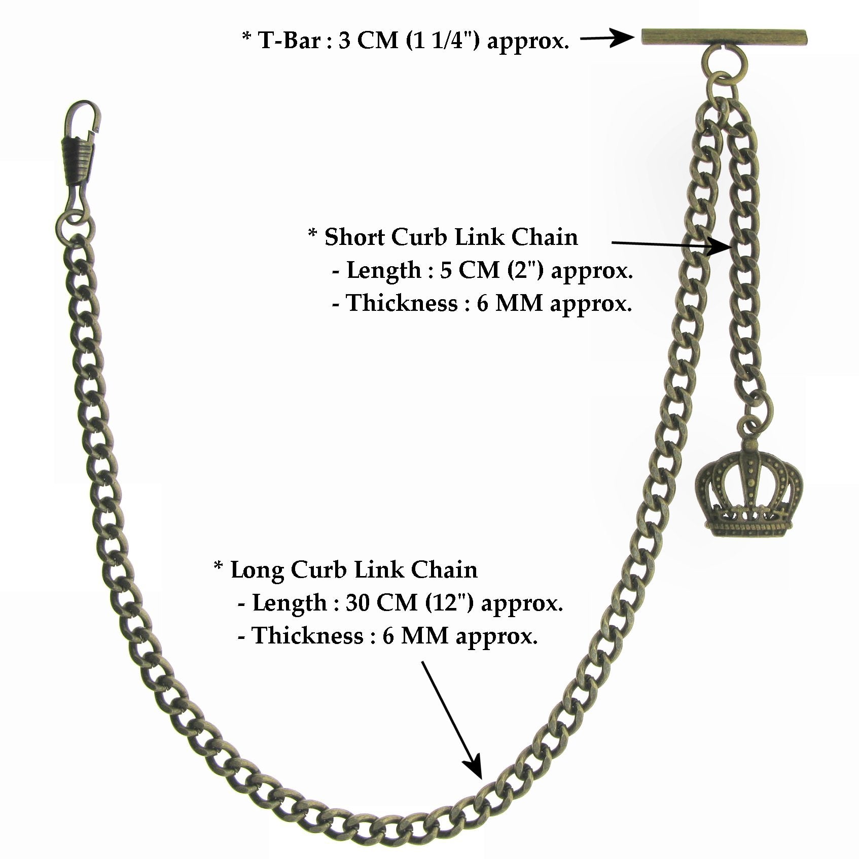 Albert Chain Pocket Watch Chains for Men Antique Brass Plating with Crown Design Fob T Bar AC05