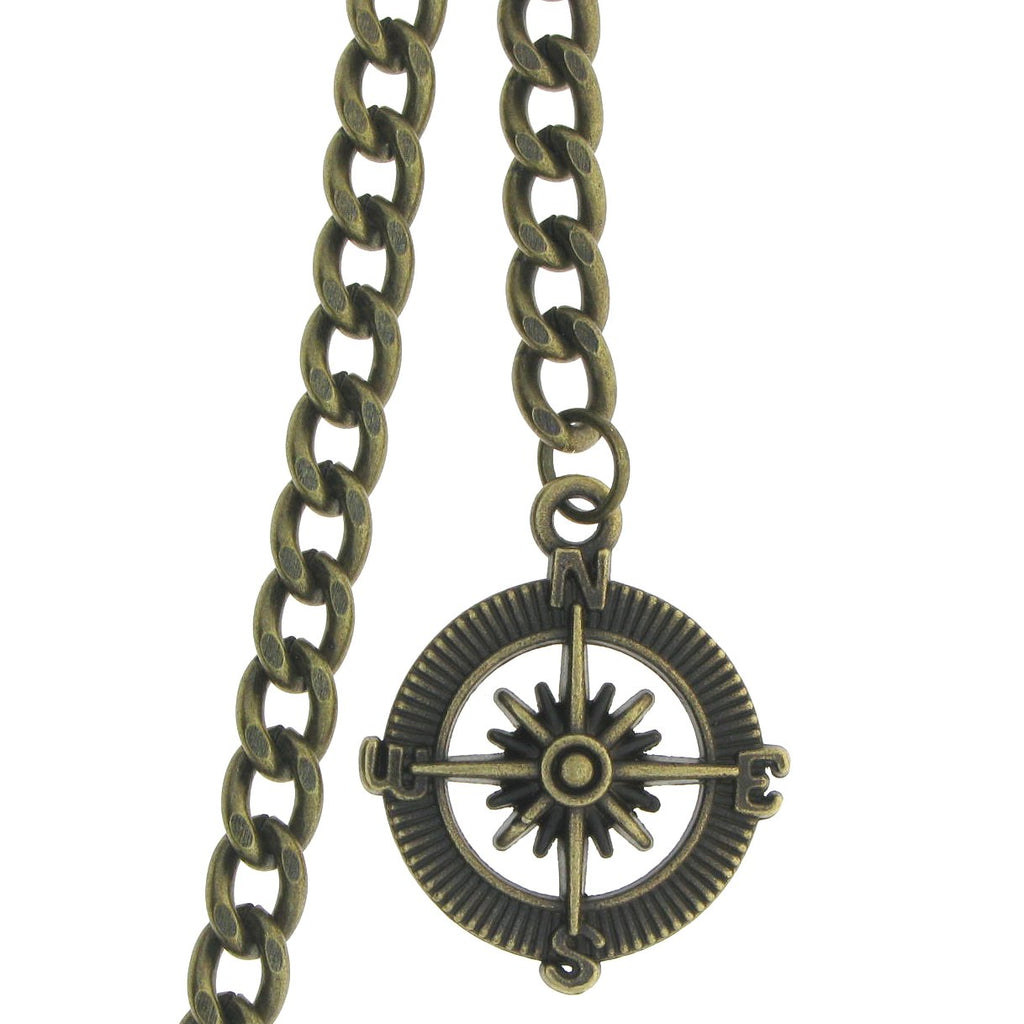 Albert Chain Pocket Watch Chains for Men Antique Brass Plating with Compass Design Medal Fob T Bar AC09