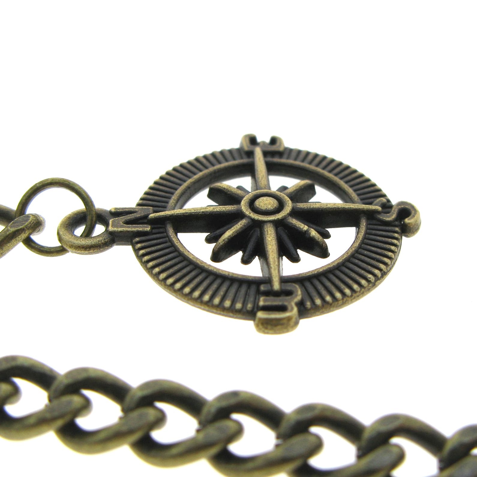 Albert Chain Pocket Watch Chains for Men Antique Brass Plating with Compass Design Medal Fob T Bar AC09