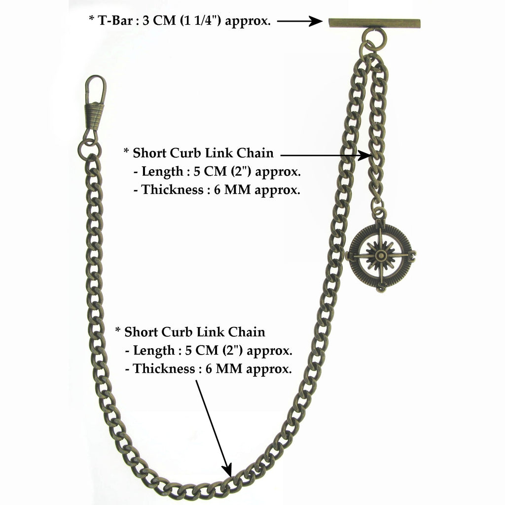 Albert Chain Pocket Watch Chains for Men Antique Brass Plating with Compass Design Medal Fob T Bar AC09