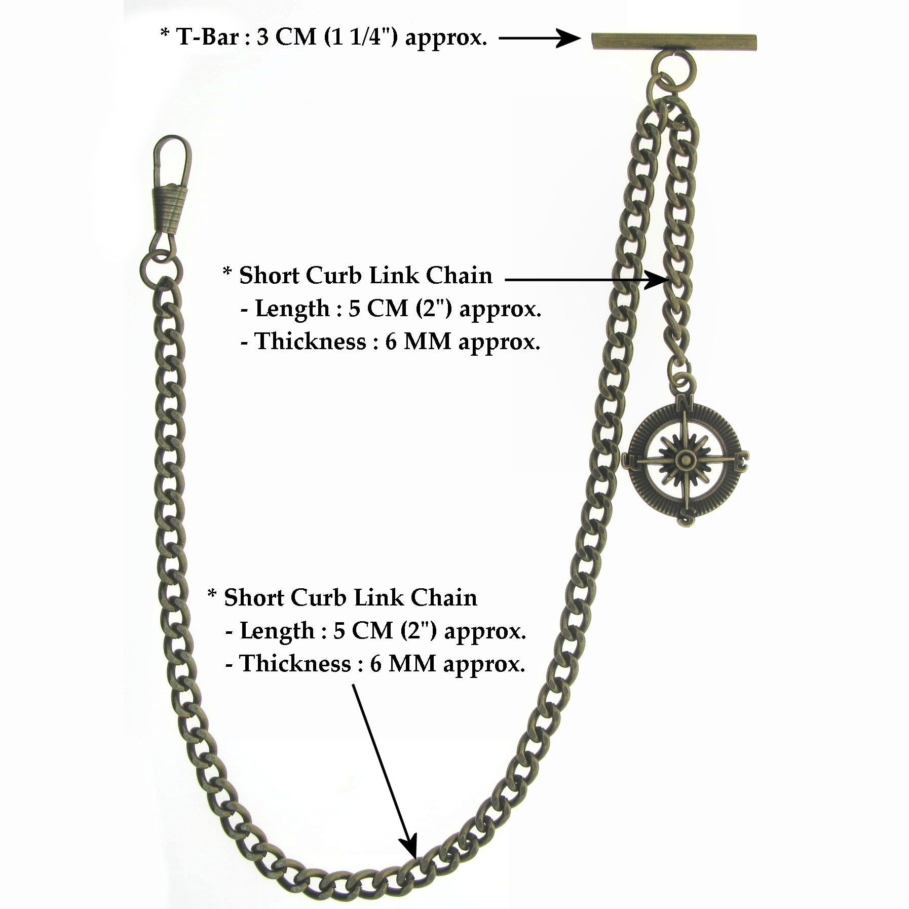 Albert Chain Pocket Watch Chains for Men Antique Brass Plating with Compass Design Medal Fob T Bar AC09