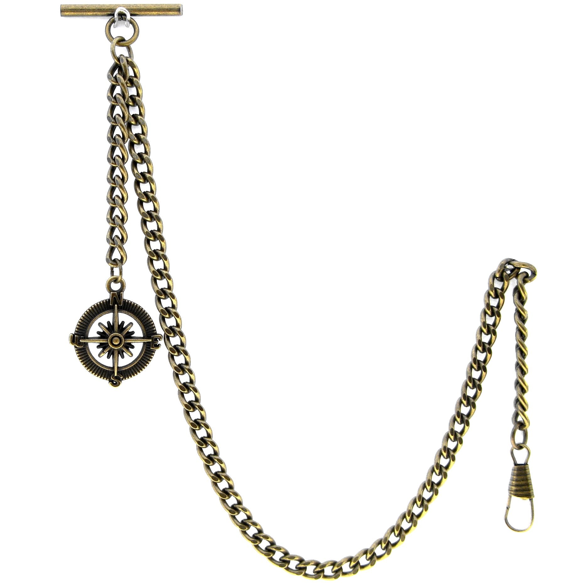 Albert Chain Pocket Watch Chains for Men Antique Brass Plating with Compass Design Medal Fob T Bar AC09
