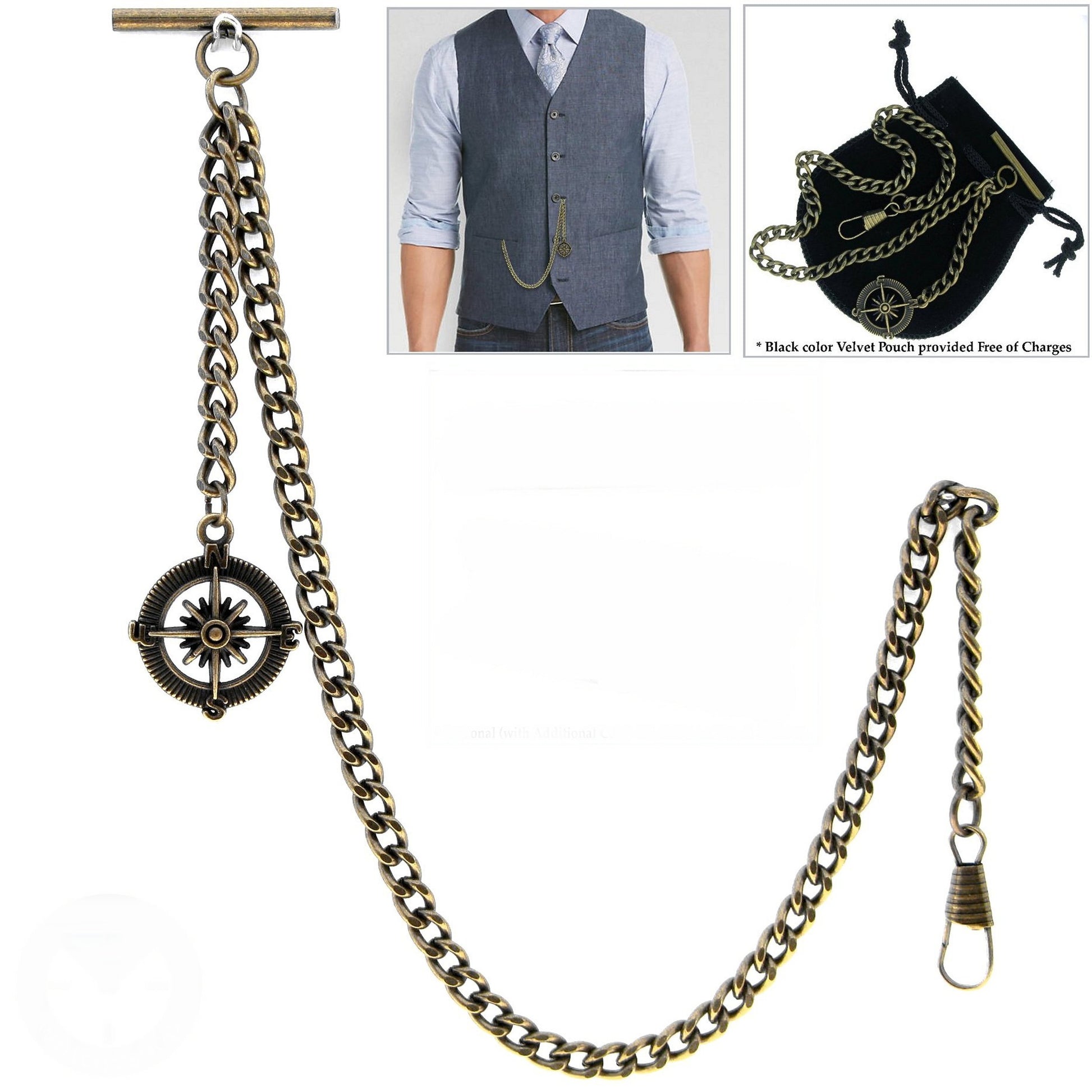 Albert Chain Pocket Watch Chains for Men Antique Brass Plating with Compass Design Medal Fob T Bar AC09