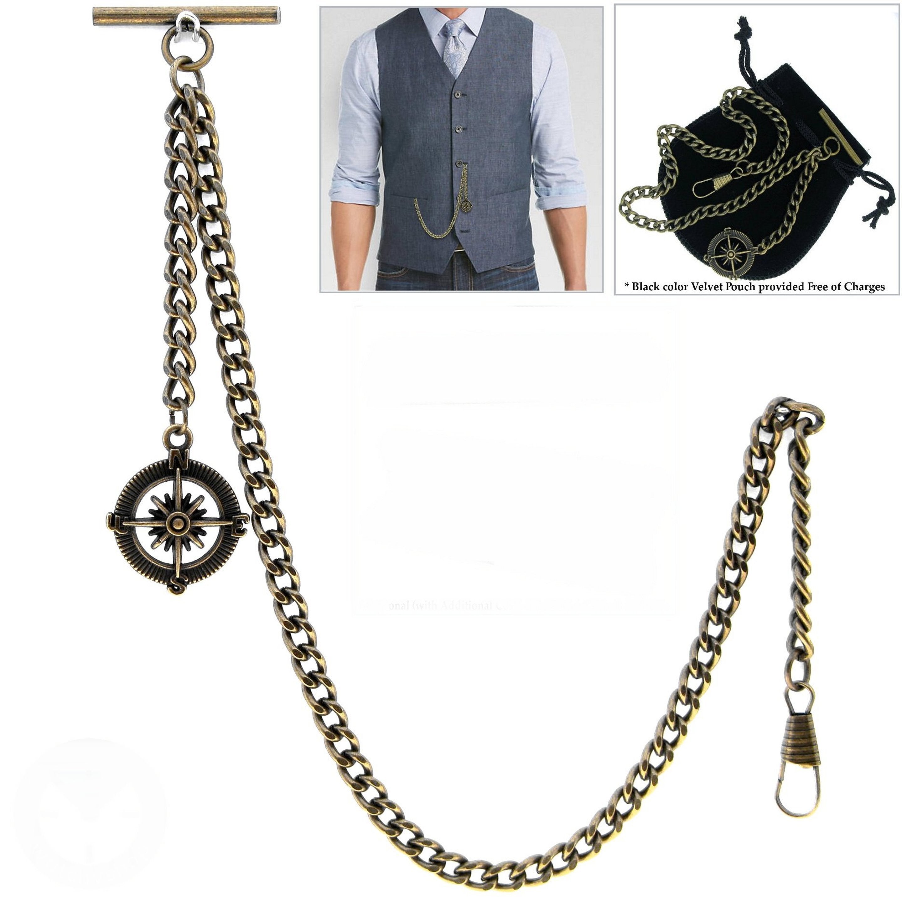 Albert Pocket Watch Chains Antique Brass with Compass Design Medal Fob AC09