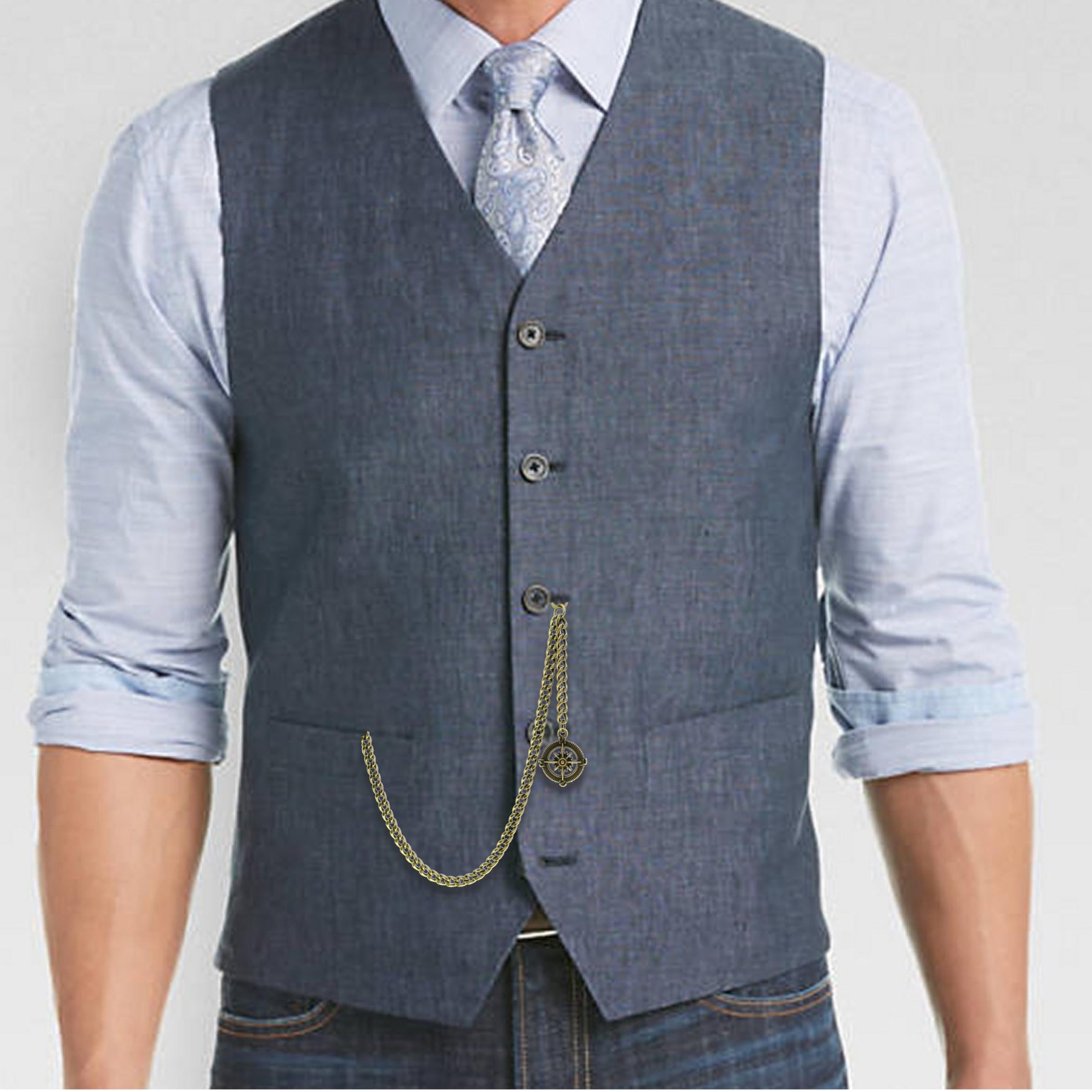 Albert Pocket Watch Chains Antique Brass with Compass Design Medal Fob AC09