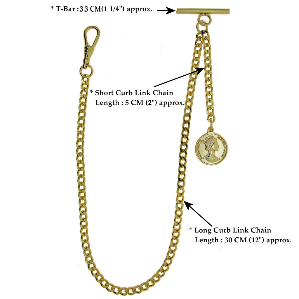 Gold color Albert Chain with Queen Elizabeth II Coin Design Fob AC100