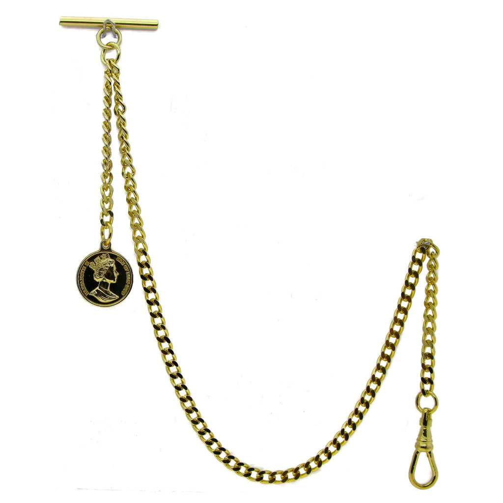 Gold Albert Chain with Queen Elizabeth Coin Design Fob