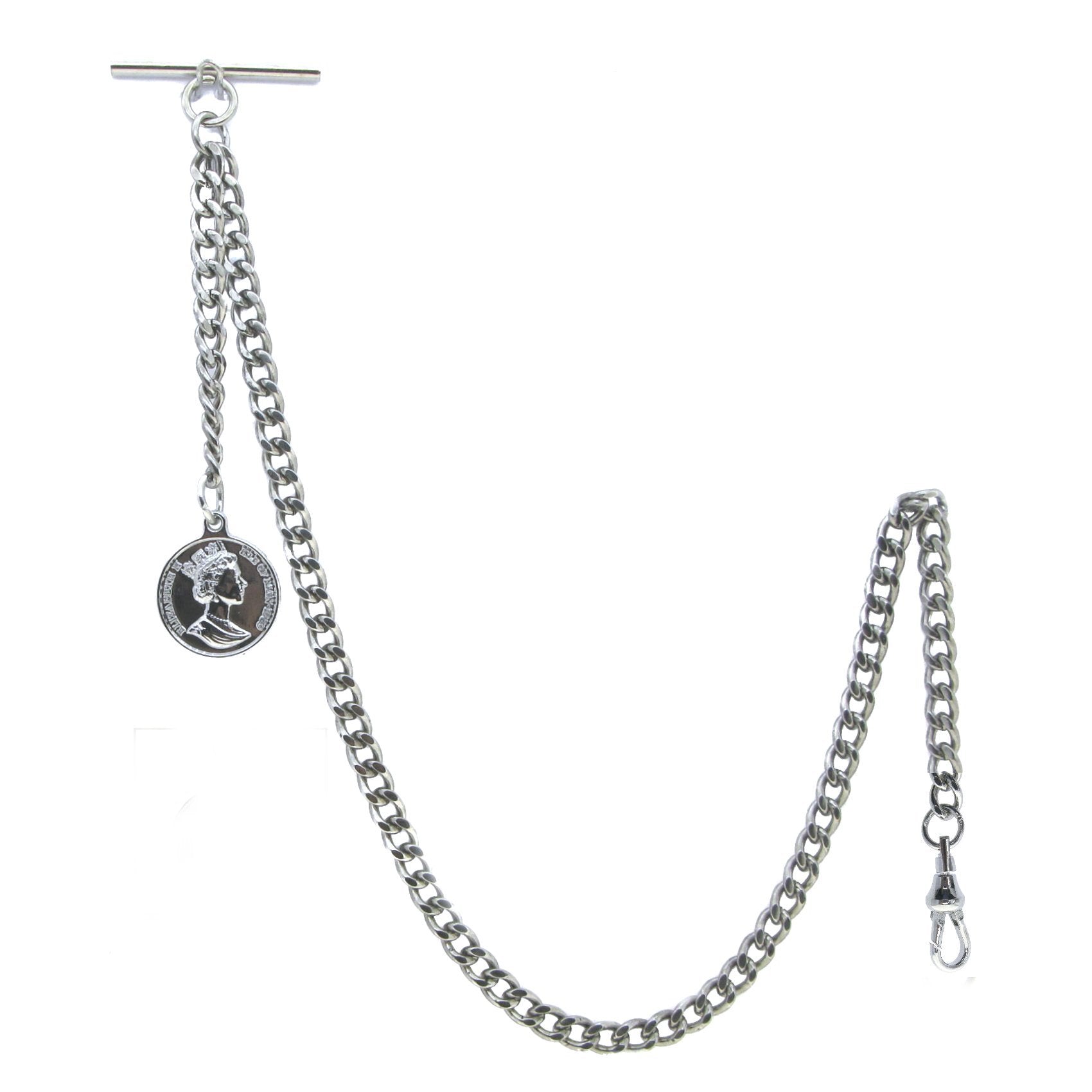 Silver Albert Chain with Queen Coin Design Fob