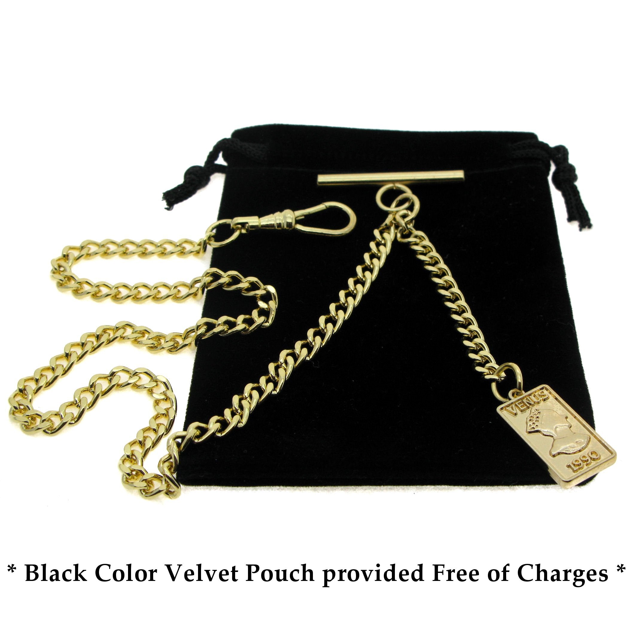 Gold Color Albert Chain with Venus 1990 Rectangular Medal Design Fob AC102