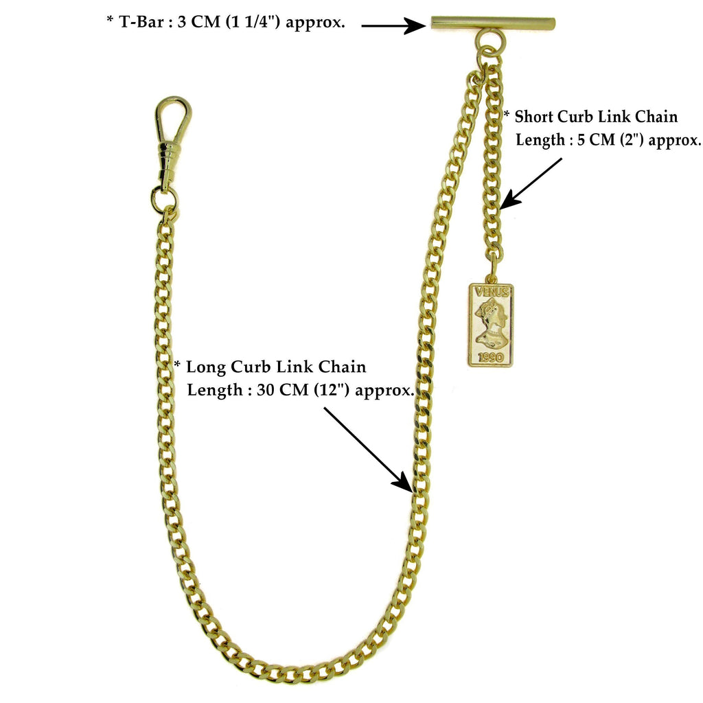 Gold Color Albert Chain with Venus 1990 Rectangular Medal Design Fob AC102