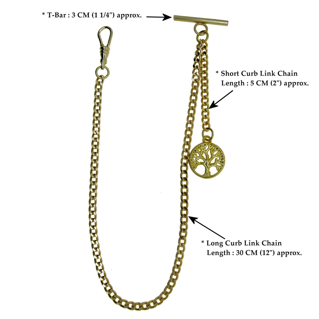 Gold Color Albert Chain with Life Tree Medal Design Fob AC103