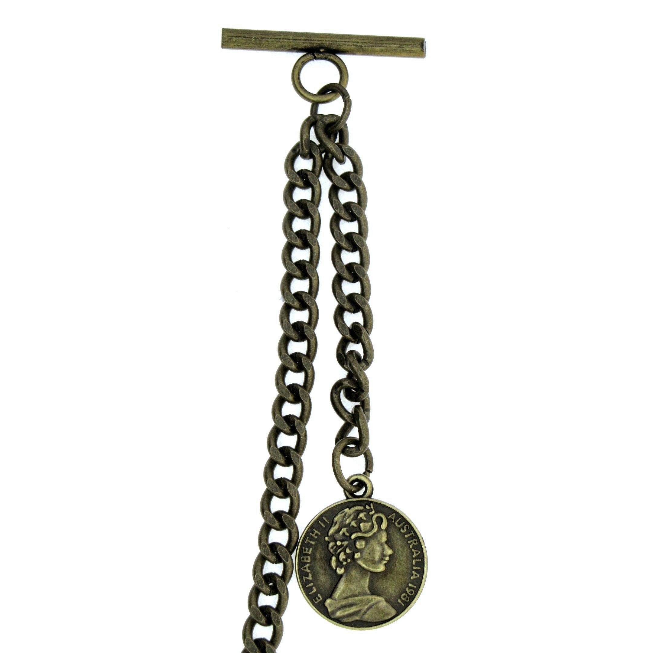 Bronze Color Albert Chain with Queen Elizabeth Half Penny Coin Design Fob AC106