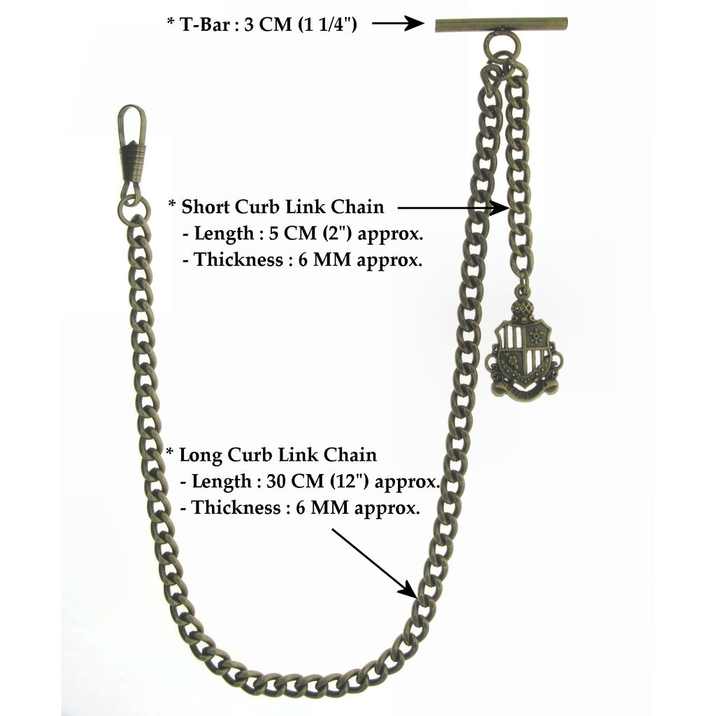 Albert Chain Pocket Watch Chains for Men Antique Brass Plating Shield Crest Design Fob T Bar AC10