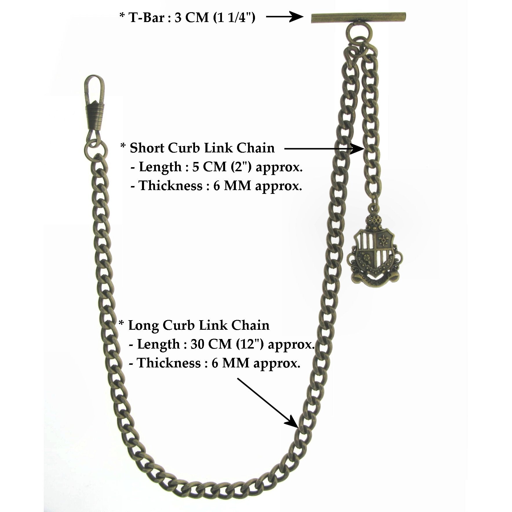 Albert Chain Pocket Watch Chains for Men Antique Brass Plating Shield Crest Design Fob T Bar AC10