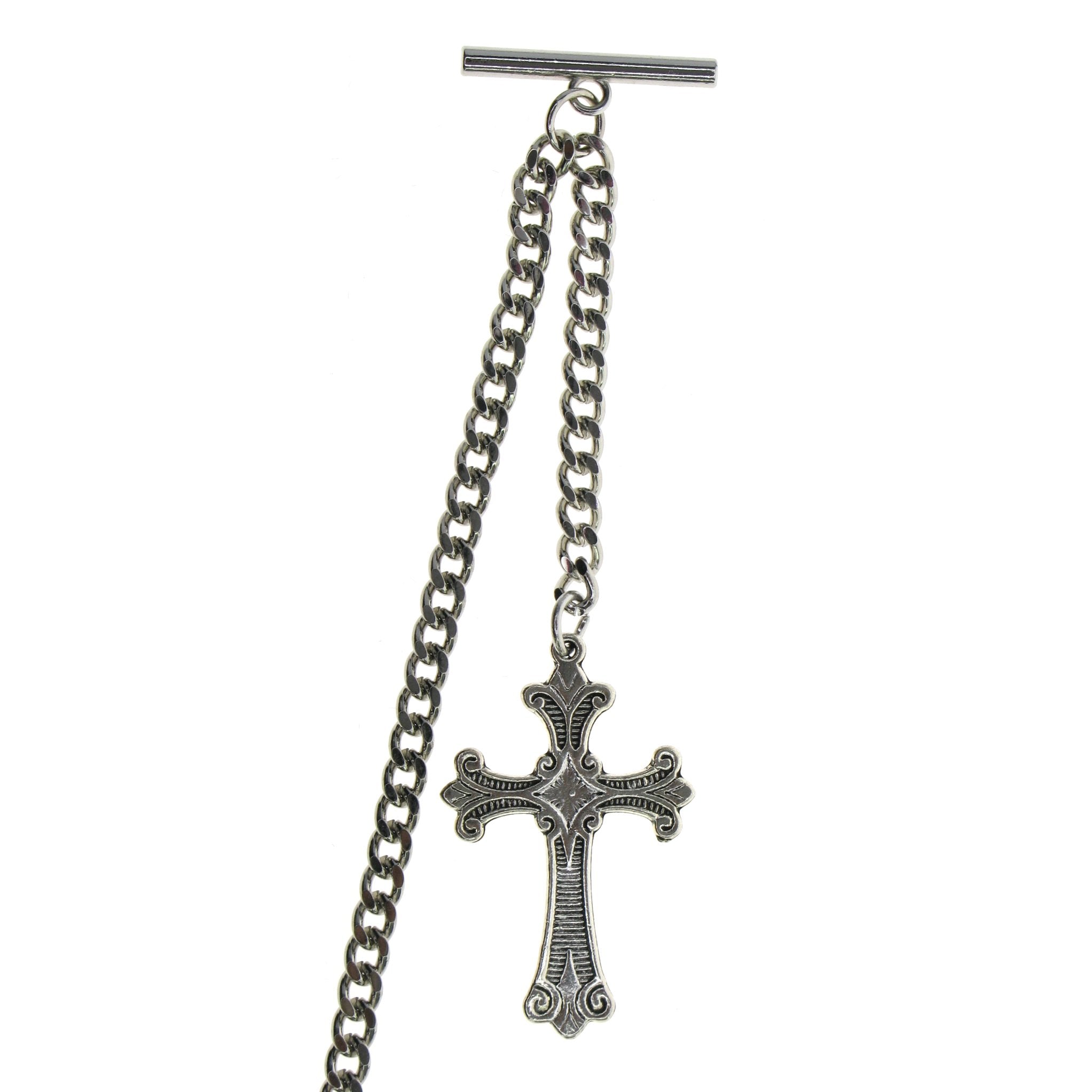 Silver Color Albert Chain with Religious Cross Design Fob AC114