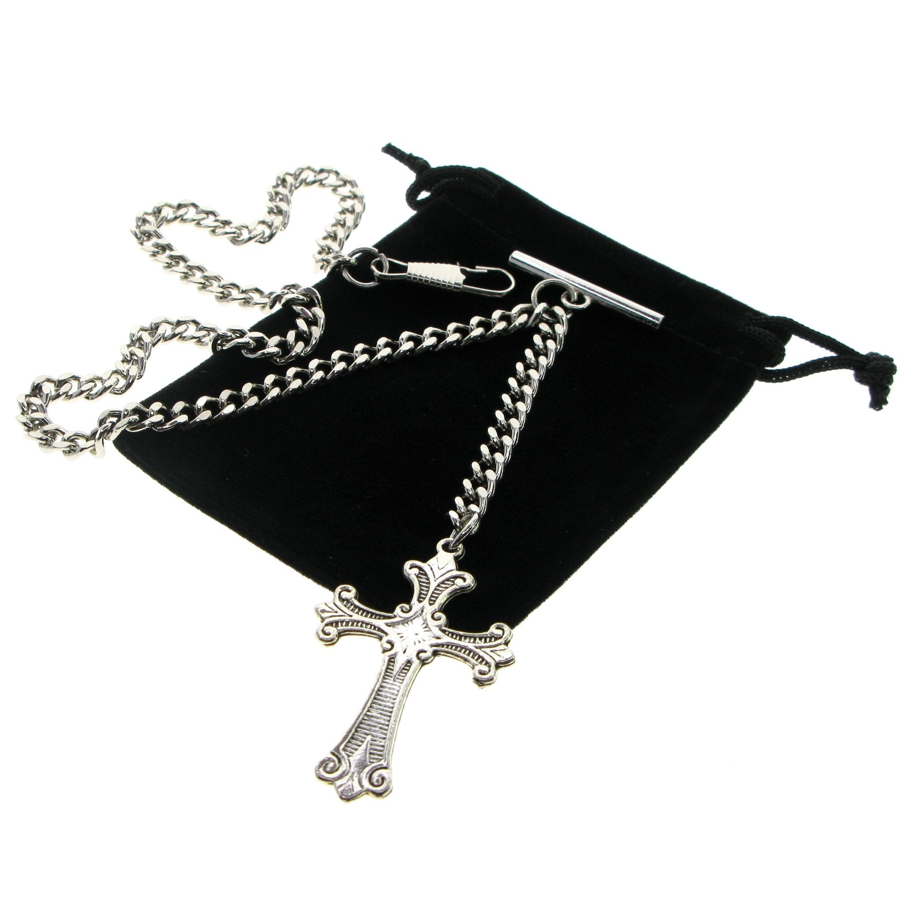 Silver Color Albert Chain with Religious Cross Design Fob AC114