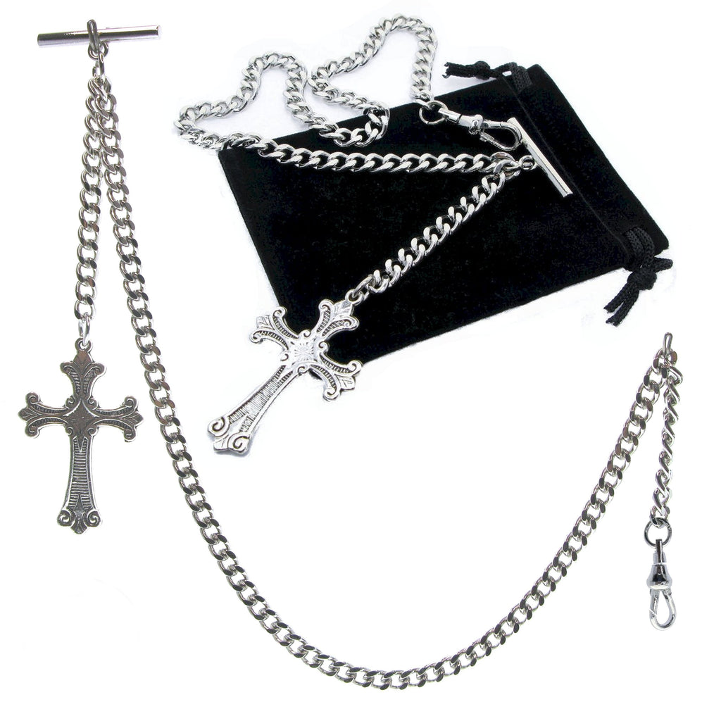 Silver Albert Chain with Religious Cross Fob