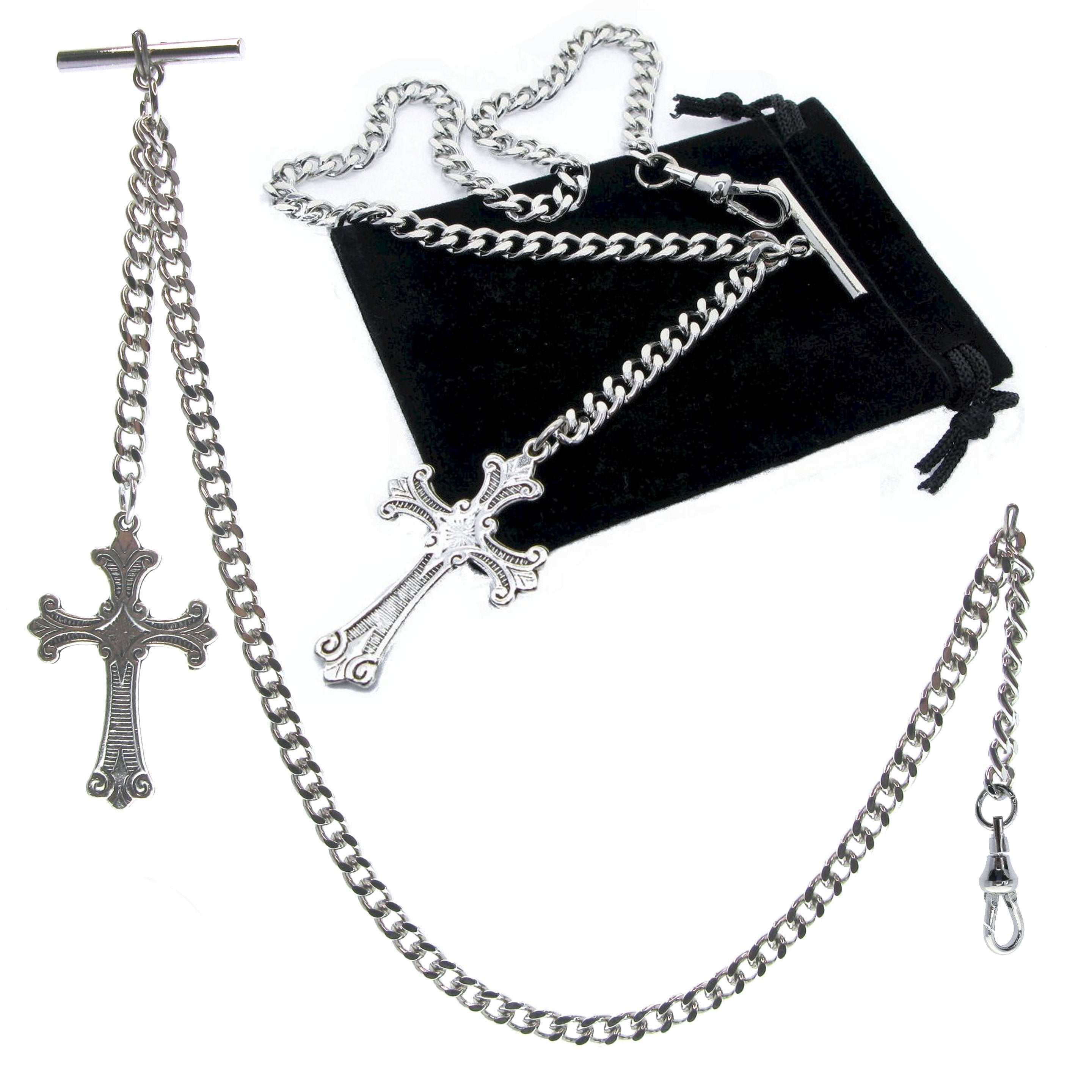 Silver Albert Chain with Religious Cross Fob