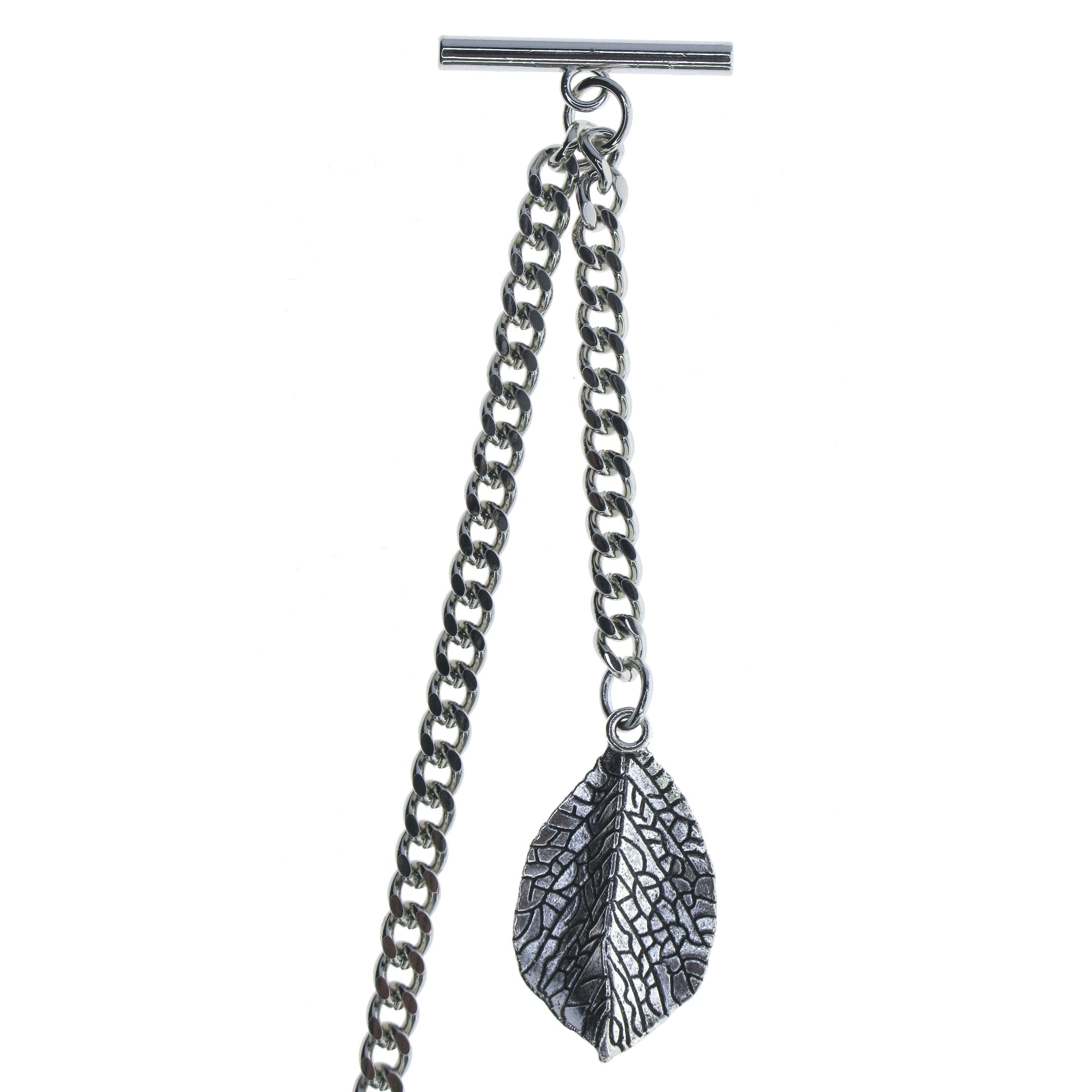 Silver Color Albert Chain with Leaf Design Fob AC116