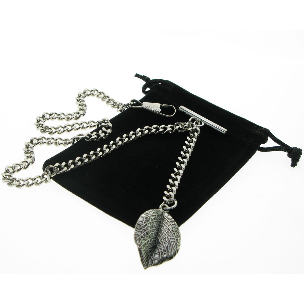 Silver Color Albert Chain with Leaf Design Fob AC116