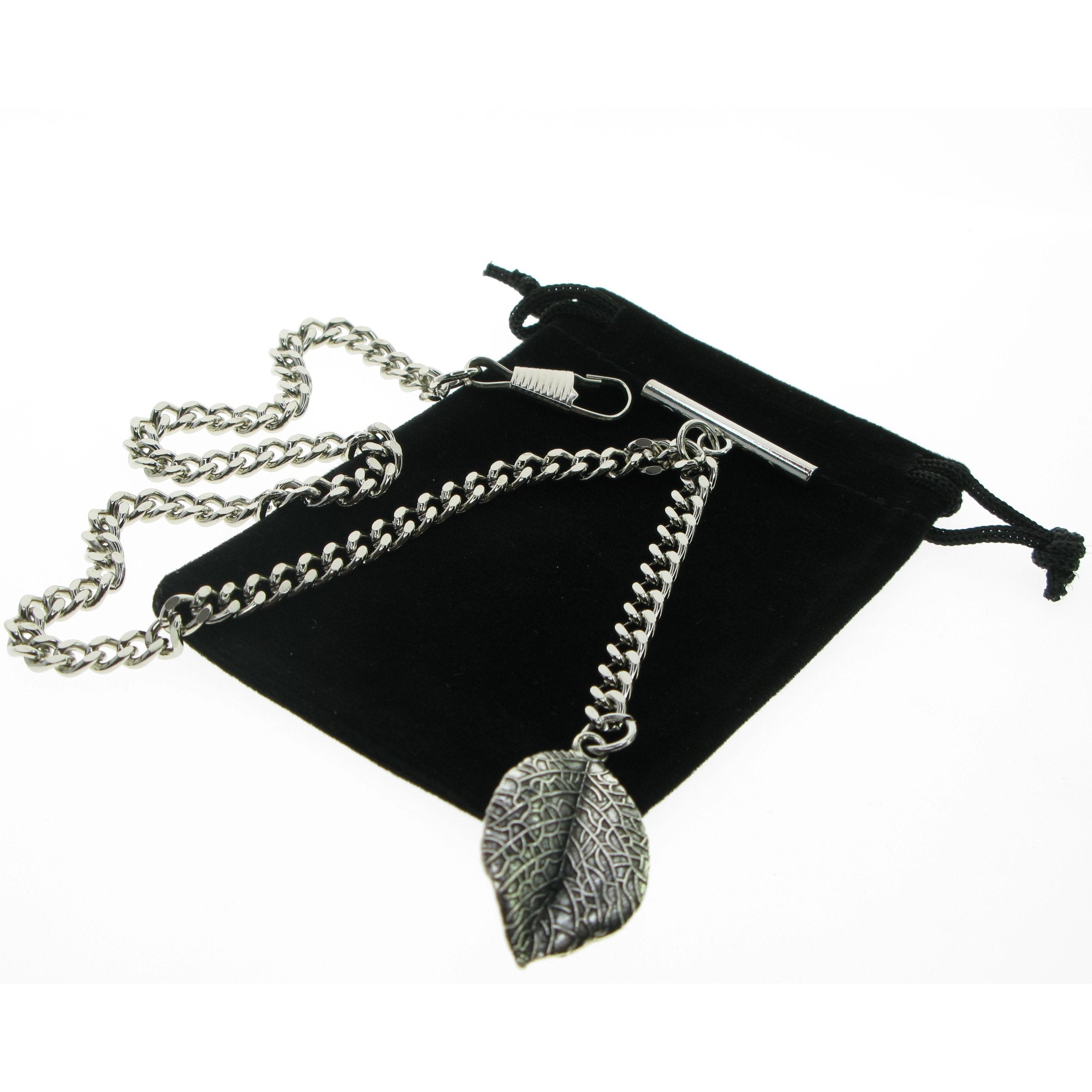 Silver Color Albert Chain with Leaf Design Fob AC116