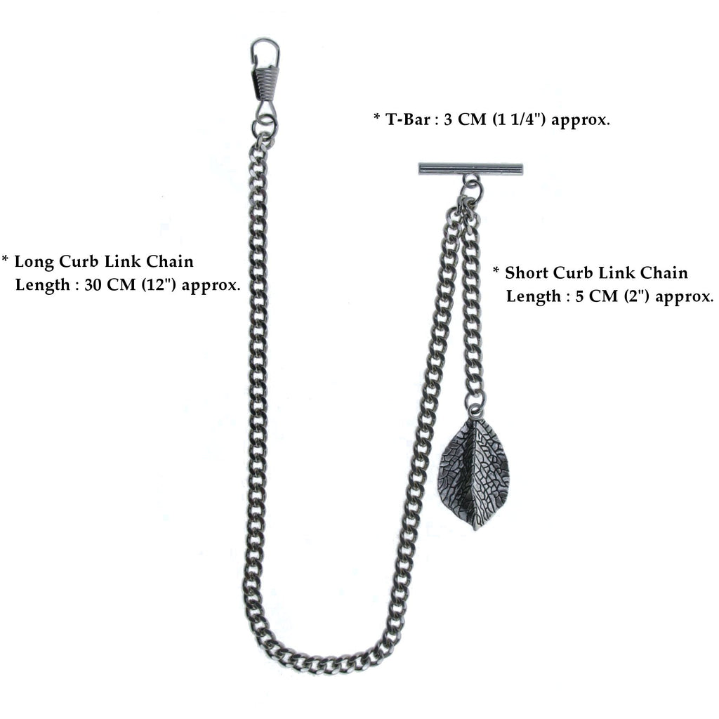 Silver Color Albert Chain with Leaf Design Fob AC116