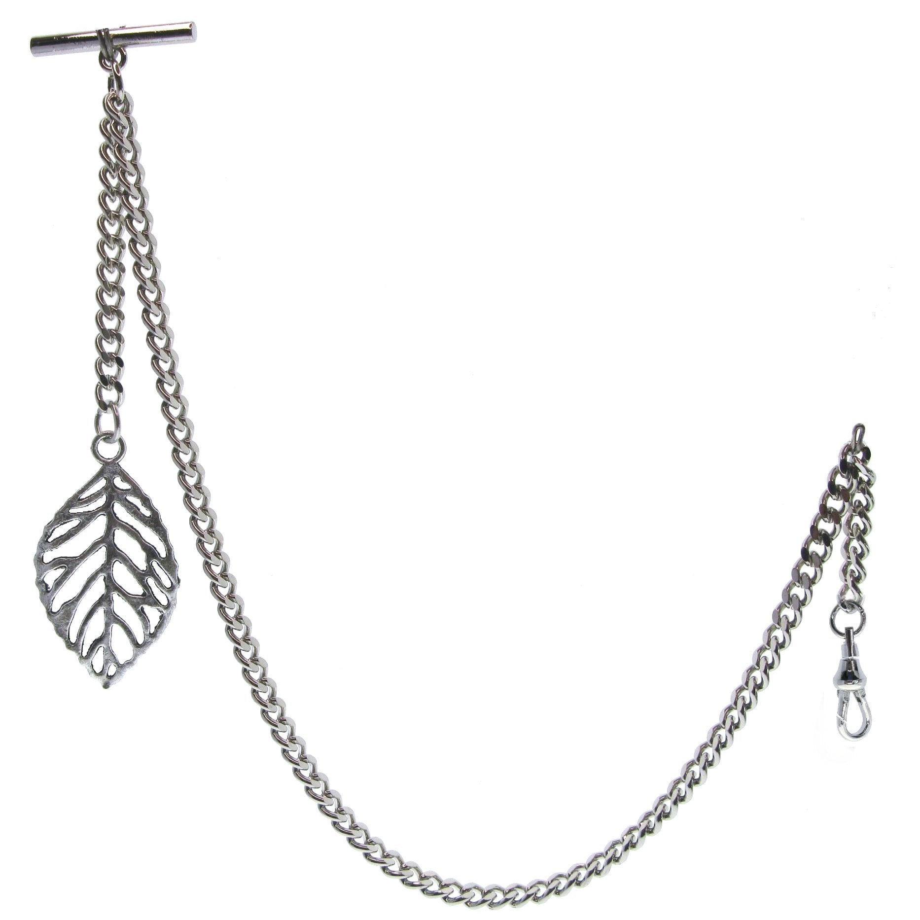 Silver Albert Chain with Skeleton Leaf Design Fob