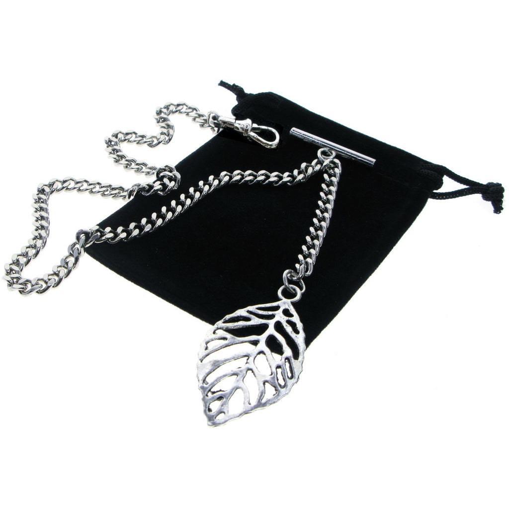 Silver Albert Chain with Leaf Design Fob