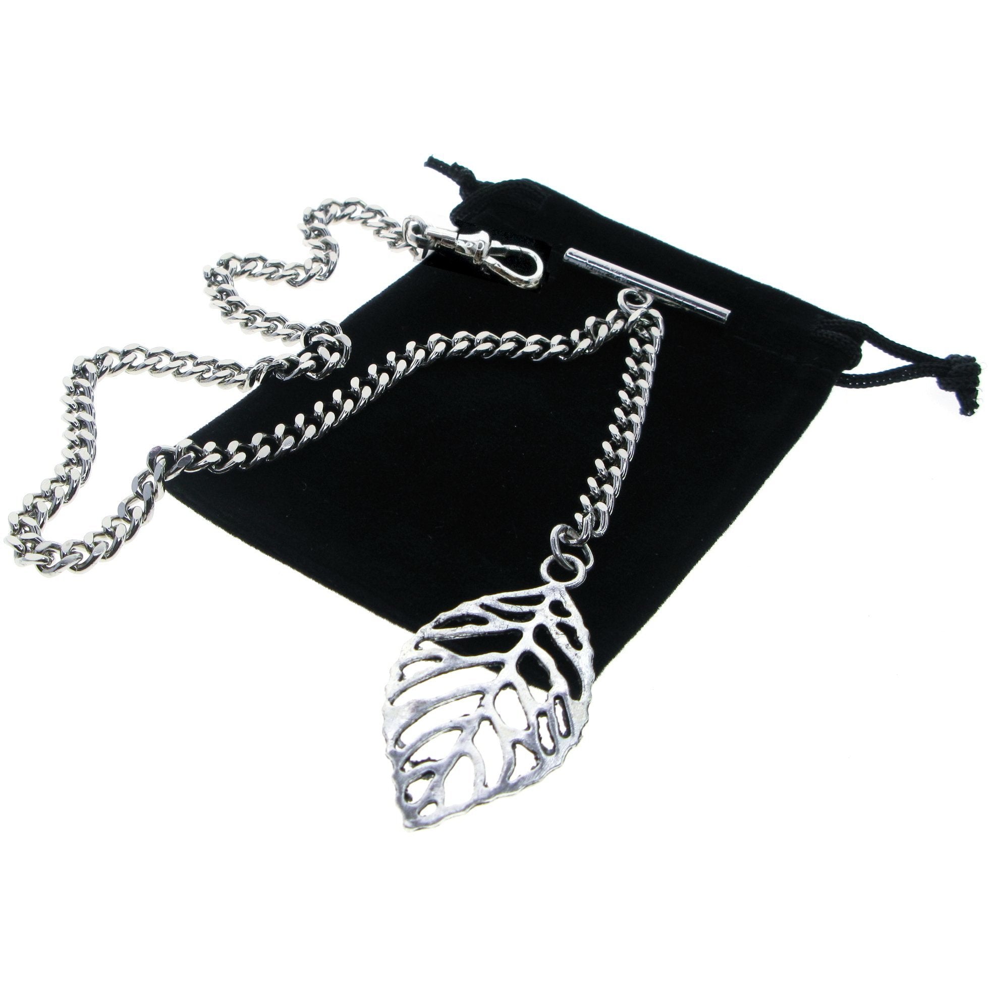 Silver Albert Chain with Leaf Design Fob