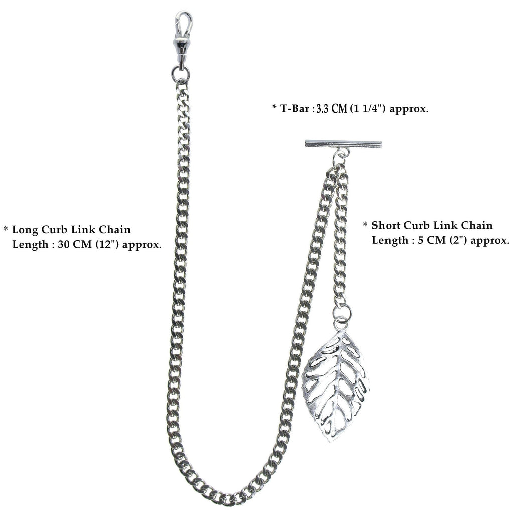 Silver Color Albert Chain with Leaf Design Fob AC118