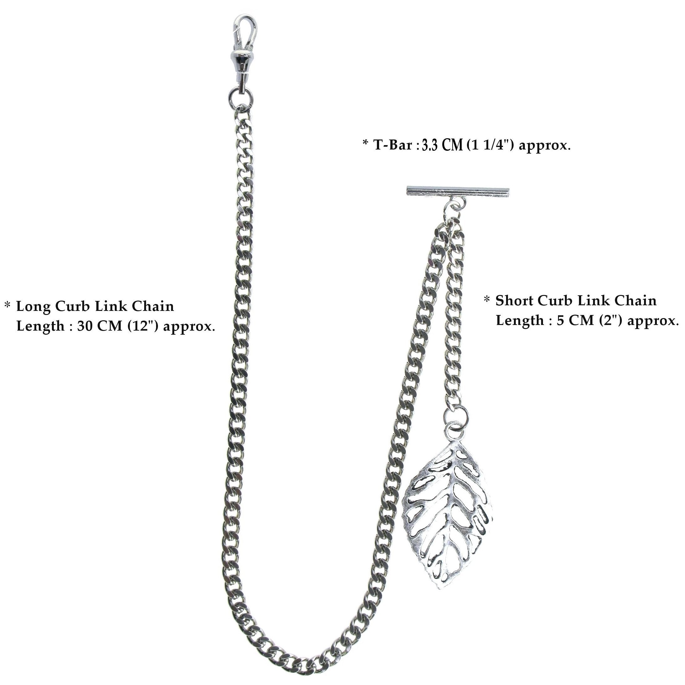 Silver Color Albert Chain with Leaf Design Fob AC118